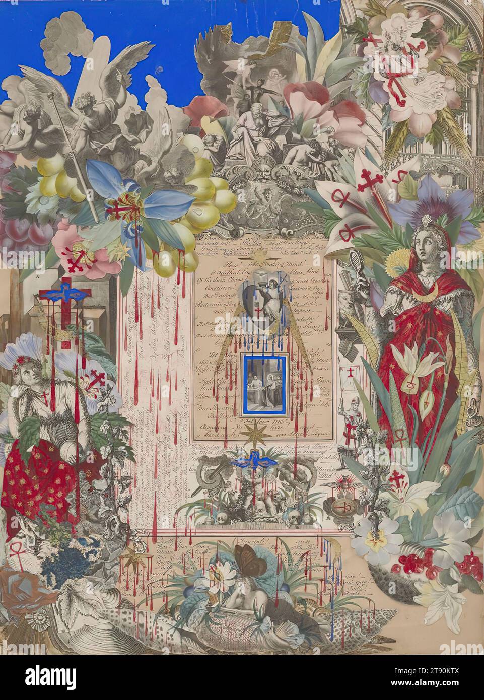 Blood Collage, ca. 1850–60, John Bingley Garland, Britisch, 1791–1875 5/8 x 3/16 Zoll (52,4 x 38,6 cm) (Blatt)29 9/16 x 24 7/16 x 1 3/4 Zoll (75,1 x 62,1 x 4,4 cm) (äußerer Rahmen), Collage aus Gravur und Goldpapier, mit Gouache, roter indischer Tinte, Goldfarbe und Inschriften in Stift und Tinte, auf poliertem Trägerpapier, England, 19. Jahrhundert, John Bingley Garland war ein wohlhabender englischer Kaufmann, Politiker, Staatsdiener und Collage-Künstler. Er lebte vier Jahre in Neufundland, in zwei verschiedenen Stationen, wo er das Fischhandelsgeschäft seiner Familie leitete und diente Stockfoto