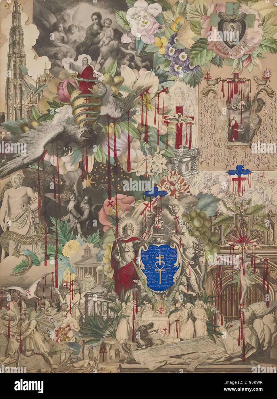 Blood Collage, ca. 1850–60, John Bingley Garland, Britisch, 1791–1875 1/4 x 1/4 Zoll (51,4 x 38,7 cm) (Blatt)29 1/2 x 24 5/16 x 1 3/4 Zoll (74,9 x 61,8 x 4,4 cm) (äußerer Rahmen), Collage aus Gravur und Goldpapier, mit Gouache, roter indischer Tinte, Goldfarbe und Inschriften in Stift und Tinte, auf poliertem Trägerpapier, England, 19. Jahrhundert, John Bingley Garland war ein wohlhabender englischer Kaufmann, Politiker, Staatsdiener und Collage-Künstler. Er lebte vier Jahre in Neufundland, in zwei verschiedenen Stationen, wo er das Fischhandelsgeschäft seiner Familie leitete und diente Stockfoto