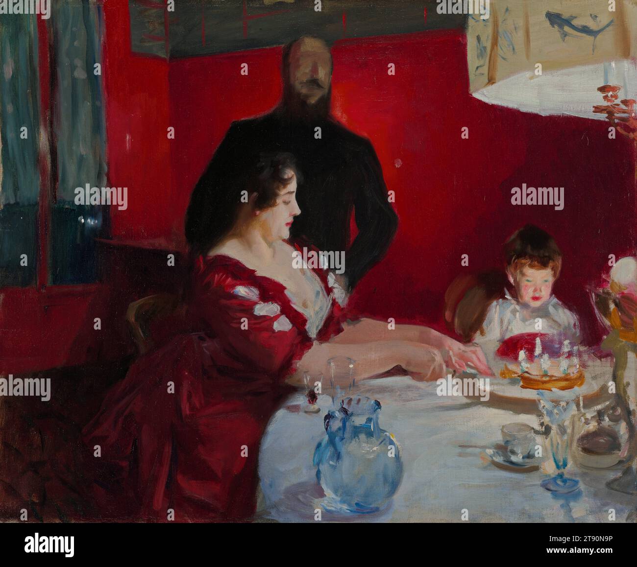 The Birthday Party, 1885, John Singer Sargent, Amerikaner, (gestorben England), 1856 - 1925, 24 x 29 x 3/4 Zoll (60,96 x 73,66 x 1,91 cm) (Leinwand)23 1/2 x 28 1/2 Zoll (59,69 x 72,39 cm) (Sicht)32 x 37 x 3/4 Zoll (81,28 x 93,98 x 6,99 cm) (Außenrahmen), Öl auf Leinwand, USA, 19. Jahrhundert, dieses lebendig gemalte Werk ist eine von mehreren Innenszenen aus den 1880er Jahren mit Porträts von Sargents Freunden. Hier werden die französischen Künstler Albert Besnard (1849–1934) und Charlotte Dubray Besnard (1855–1931) gezeigt, die den Geburtstag ihres ältesten Kindes Robert feiern Stockfoto