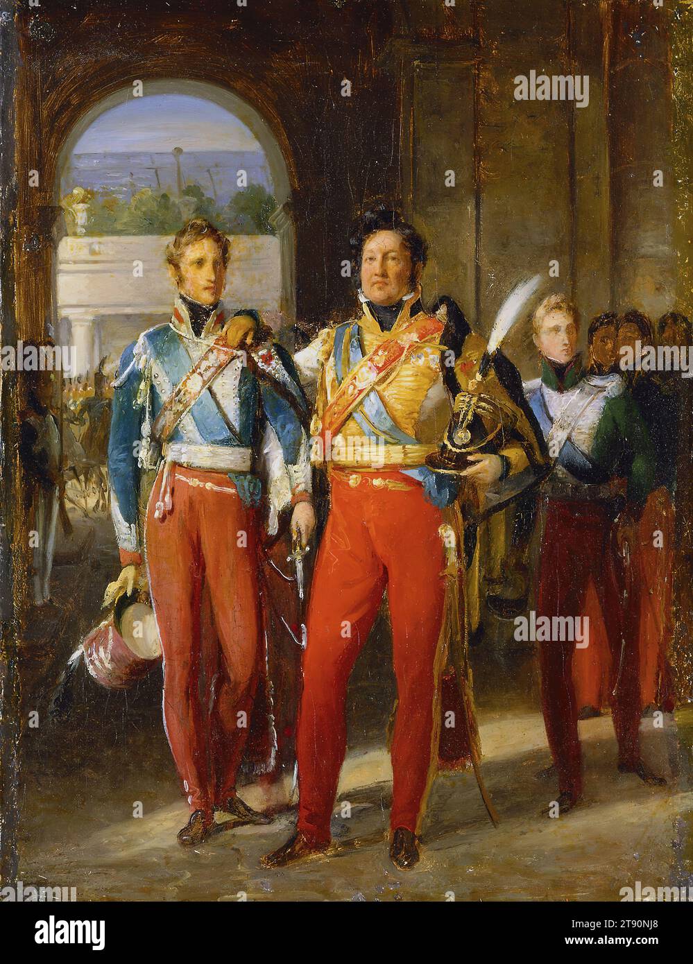 Louis Philippe (1773–1850), König von Frankreich, und seine Söhne, Herzog von Chartres und Herzog von Nemours, um 1830–1832, Baron Francois-Pascal-Simon Gérard, Französisch, 1770–1837, 3/4 x 7/8 Zoll (34,93 x 27,62 cm) (Leinwand)9 7/16 x 15 7/8 x 1 7/8 Zoll (23,97 x 40,32 x 4,76 cm) (Außenrahmen), Öl auf Leinwand, Frankreich, 19. Jahrhundert, Louis Philippe wurde König von Frankreich nach der Revolution von 1830. Er wurde während der internationalen Aufstände von 1848 entthront, die zu weitverbreiteten sozialen Störungen führten Stockfoto