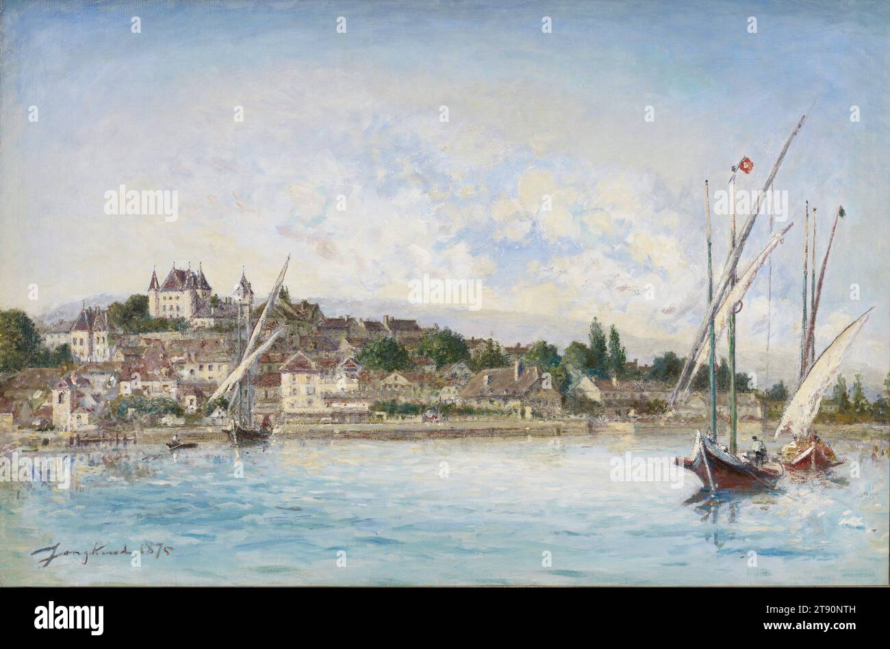 Blick auf Lake Léman in Nyon, 1875, Johan Barthold Jongkind, Niederländisch, 1819 - 1891, 24 x 34 Zoll (60,96 x 86,36 cm) (Leinwand)29 3/4 x 41 x 4 1/4 Zoll (75,57 x 104,14 x 10,8 cm) (Außenrahmen), Öl auf Leinwand, Niederlande, 19. Jahrhundert, geboren und ausgebildet in Holland, wurde Jongkind zu einem Pionier der Outdoor-Malerei in Frankreich. Die unmittelbare Wirkung seines gebrochenen Pinselstils und seiner lebendigen Farbe beeindruckte den jungen Claude Monet. Nachdem die beiden Künstler in den frühen 1860er Jahren an der Küste der Normandie zusammenschmerzten, kommentierte Monet: „Von dieser Zeit an war er mein echter Meister“ Stockfoto