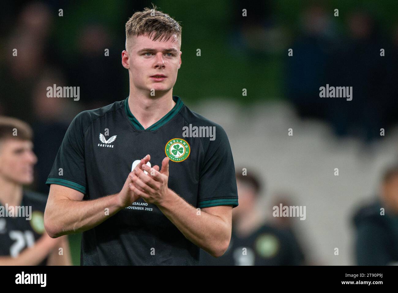 Dublin, Irland. November 2023. Evan Ferguson von Irland enttäuscht während des Internationalen Freundschaftsspiels zwischen der Republik Irland und Neuseeland im Aviva Stadium in Dublin, Irland am 21. November 2023 (Foto: Andrew SURMA/ Credit: SIPA USA/Alamy Live News) Stockfoto