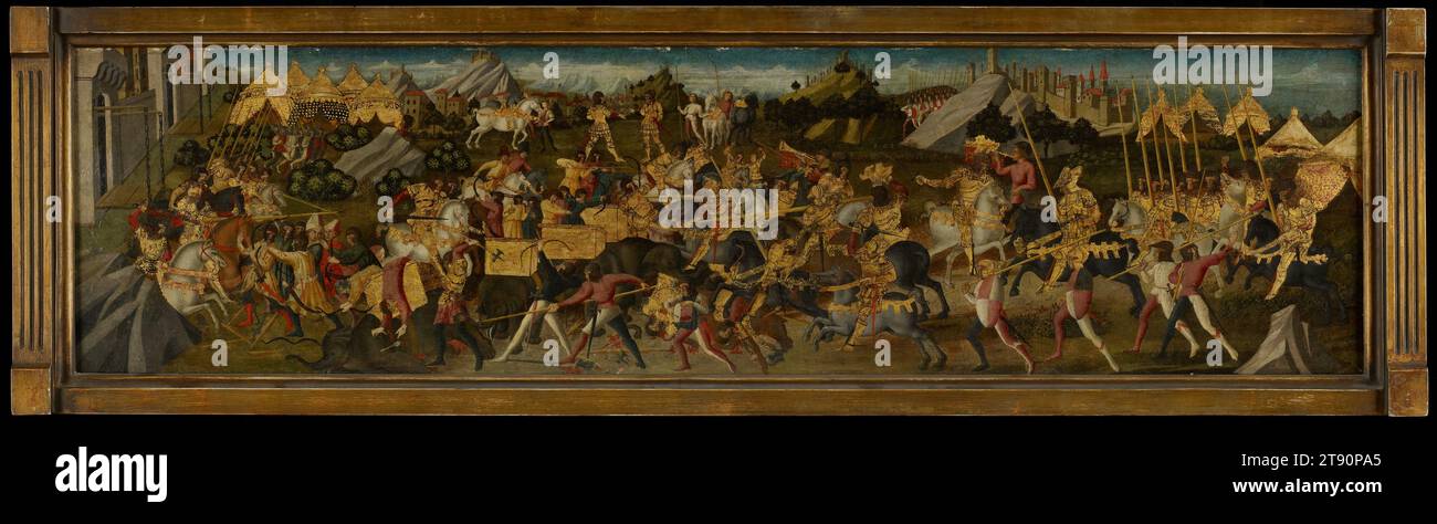 Die Schlacht von Zama, um 1470, Meister Anghiari, Italienisch (Florenz), Italienisch (Florenz), aktiv 1476 - 1504, 15 7/16 x 59 7/16 x 1/4 - 3/4 Zoll (39,21 x 150,97 x 0,64 cm), Tempera auf Stoff auf Platte montiert, Italien, 15. Jahrhundert, die Schlacht von Zama (202 v. Chr.), nahe Tunis, markierte den endgültigen Sieg des römischen Generals Scipio gegen die Karthager, geführt von dem Militärkommandeur Hannibal. Hannibal nutzte die afrikanischen Elefanten (hier links), die als unschlagbare Waffe galten, aber die Römer hatten gelernt, ihre Stärke und Aggressivität zu überwinden Stockfoto