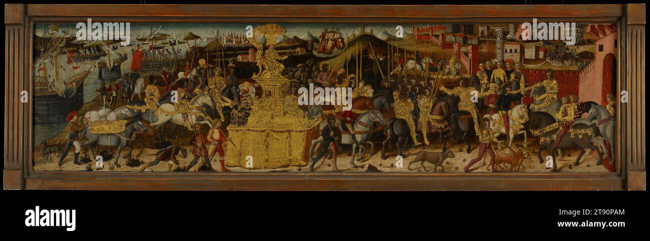 Der Triumph von Scipio Africanus, um 1470, Meister Anghiari, Italienisch (Florenz), Italienisch (Florenz), aktiv 1476 - 1504, 15 5/8 x 61 3/4 x 1/4 - 3/4 Zoll (39,69 x 156,85 x 0,64 cm), Tempera auf Stoff auf Platte montiert, Italien, 15. Jahrhundert, der afrikanische Feldzug endete mit dem Sieg der Römer in der Schlacht von Zama (202 v. Chr.) und der ruhmreichen Rückkehr von Scipio, die das Mittelmeer überquerten und in Sizilien landeten (links auf der Tafel). Auf seinem Weg wurde Scipio von den Menschen begrüßt, die über das Ende des Krieges jubelten. Stockfoto