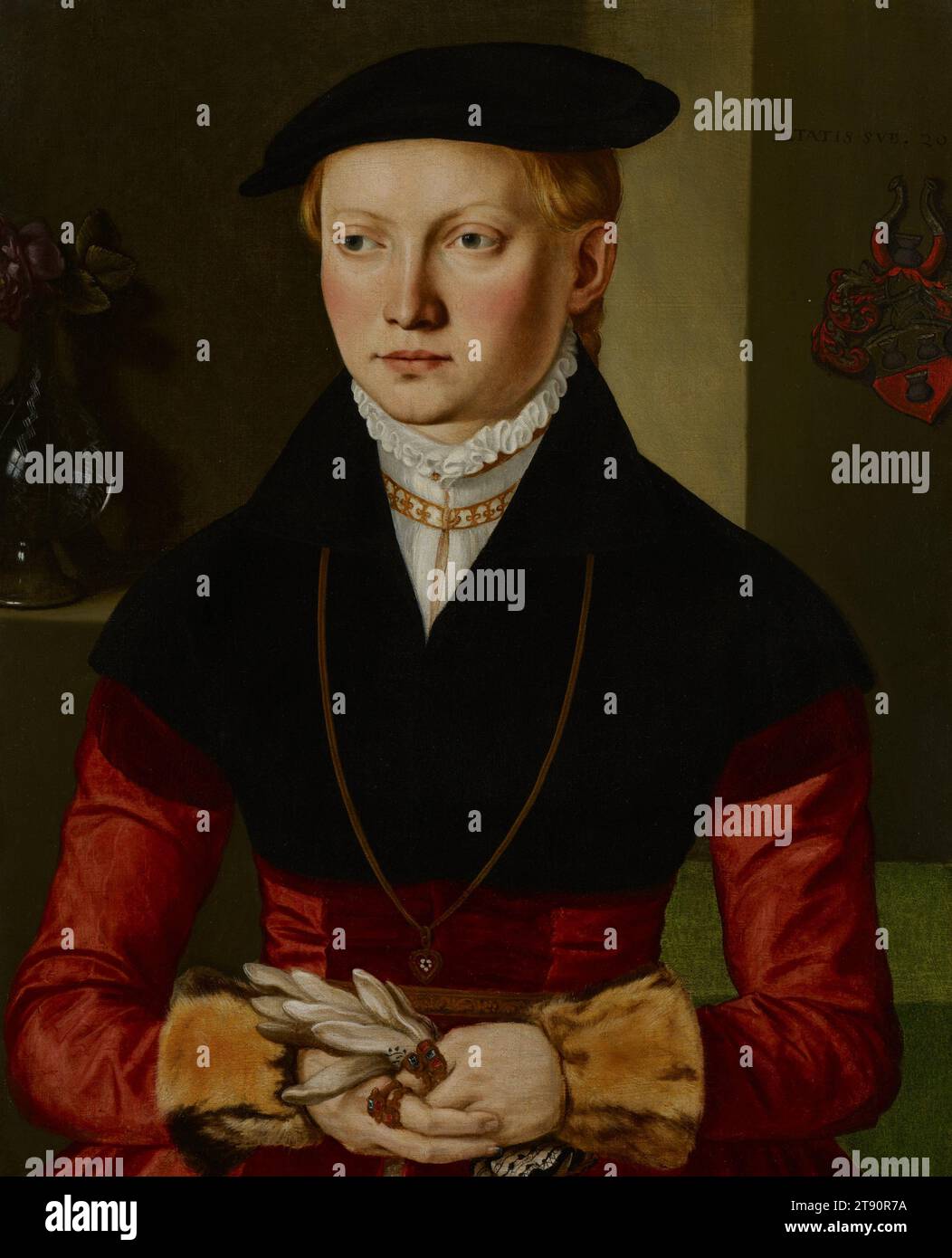 Porträt eines Mädchens, 1547, Georg Pencz, deutsch, aktiv um 1500–1550, 1/8 x 5/8 Zoll (61,28 x 49,85 cm) (Leinwand), Öl auf Leinwand, Deutschland, 16. Jahrhundert, diese junge Frau stammt eindeutig aus einer wohlhabenden Familie. Die Familienwappen auf dem Gemälde sind leider noch nicht identifiziert worden, und ihre Identität bleibt ein Rätsel. Georg Pencz war der offizielle Stadtmaler von Nürnberg, als er dieses Porträt machte. 22 Jahre zuvor war er aus der Stadt verbannt worden, weil er den radikalen Protestantismus unterstützte, und zwar unter Missachtung des damals durch und durch katholischen Stadtrates. Stockfoto