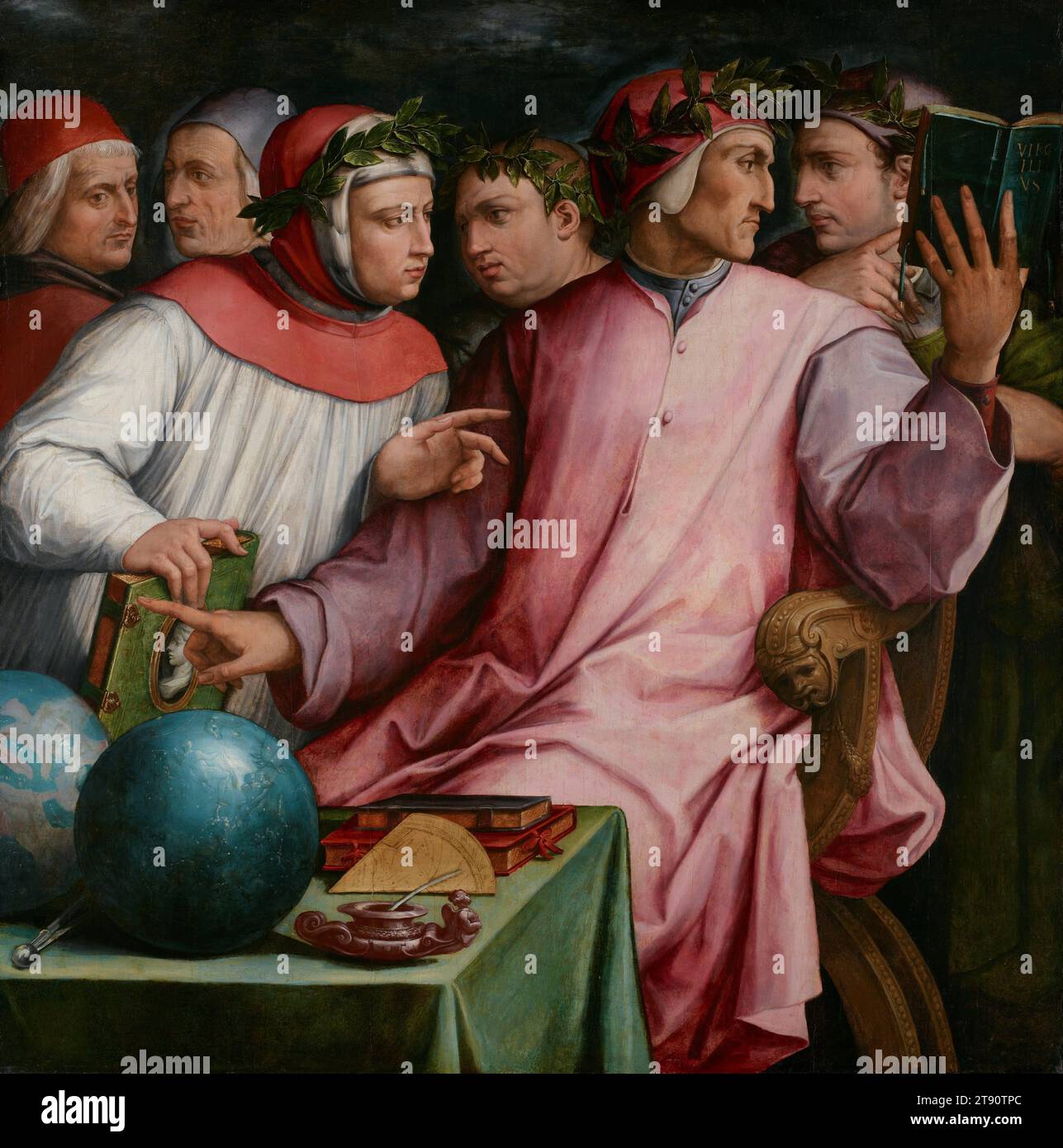 Sechs Toskanische Dichter, 1543–44, Giorgio Vasari, Italienisch (Florenz), Italienisch (Florenz), 1511–1574, 52 x 51 5/8 Zoll (132,08 x 131,13 cm) (Leinwand)62 1/8 x 61 5/8 x 4 3/4 Zoll (157,8 x 156,53 x 12,07 cm) (Außenrahmen), Öl auf Tafel, Italien, 16. Jahrhundert, dieses Gruppenporträt von sechs angesehenen toskanischen Dichtern und Schriftstellern feiert das goldene Zeitalter der italienischen Literatur des 14. Und 15. Jahrhunderts und die Rolle dieser Individuen bei der Aufwertung der Literatur und der Annobung der Sprache Stockfoto