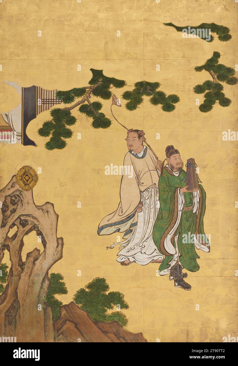 Cao Guojiu (links) und LAN Caihe (rechts) links vom Set Daoist Unsterbliche, 1646, Kano Sansetsu, Japanisch, 1589 - 1651, 65 1/2 x 45 1/2 Zoll (166,37 x 115,57 cm) (Bild)69 x 49 x 3/4 Zoll (175,26 x 124,46 x 4,45 cm) (Außenrahmen), Tinte, Farbe und Blattgold auf Papier, Japan, 17. Jahrhundert, diese Schiebetürpaneele (fusuma) zeigen eine Gruppe chinesischer Daoistischer Unsterblicher. Die Chinesen glaubten, die Unsterblichen seien historische und legendäre Persönlichkeiten, die es durch moralische Tugend, Glauben und Disziplin schafften, die Grenzen der natürlichen Welt zu überschreiten und ewig zu leben. Sie wurden als Heilige verehrt. Stockfoto