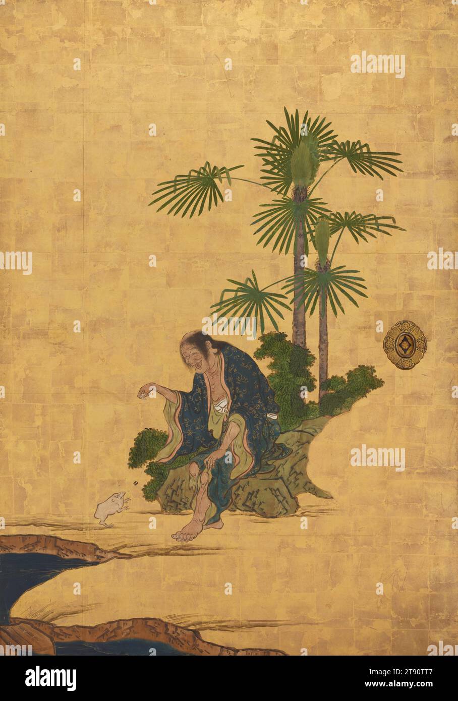 Liu Haichan Right of the Set Daoist Unsterbliche, 1646, Kano Sansetsu, Japanisch, 1589 - 1651, 65 1/2 x 45 1/2 Zoll (166,37 x 115,57 cm) (Bild)69 x 49 x 3/4 Zoll (175,26 x 124,46 x 4,45 cm) (Außenrahmen), Tinte, Farbe und Blattgold auf Papier, Japan, 17. Jahrhundert, diese Schiebetürpaneele (fusuma) zeigen eine Gruppe chinesischer Daoistischer Unsterblicher. Die Chinesen glaubten, die Unsterblichen seien historische und legendäre Persönlichkeiten, die es durch moralische Tugend, Glauben und Disziplin schafften, die Grenzen der natürlichen Welt zu überschreiten und ewig zu leben. Sie wurden als Heilige verehrt. Stockfoto