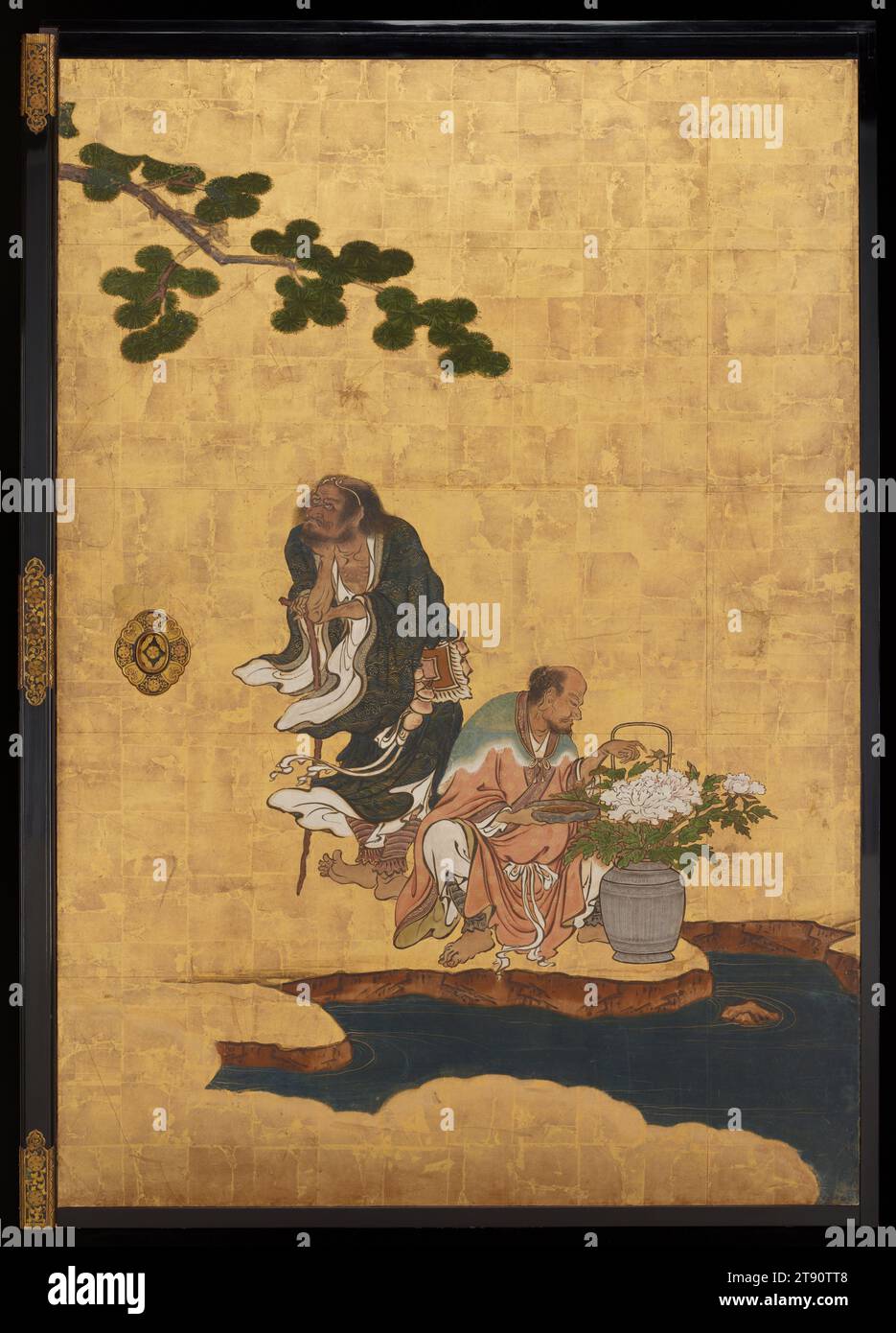 Li Tieguai (links), Han Xiangzi (rechts) Mitte rechts vom Set Daoist Unsterbliche, 1646, Kano Sansetsu, Japanisch, 1589 - 1651, 65 1/2 x 45 1/2 Zoll (166,37 x 115,57 cm) (Bild)69 x 49 x 3/4 Zoll (175,26 x 124,46 x 4,45 cm) (Außenrahmen), Tinte, Farbe und Blattgold auf Papier, Japan, 17. Jahrhundert, diese Schiebetürpaneele (fusuma) zeigen eine Gruppe chinesischer Daoistischer Unsterblicher. Die Chinesen glaubten, die Unsterblichen seien historische und legendäre Persönlichkeiten, die es durch moralische Tugend, Glauben und Disziplin schafften, die Grenzen der natürlichen Welt zu überschreiten und ewig zu leben. Sie wurden als Heilige verehrt Stockfoto