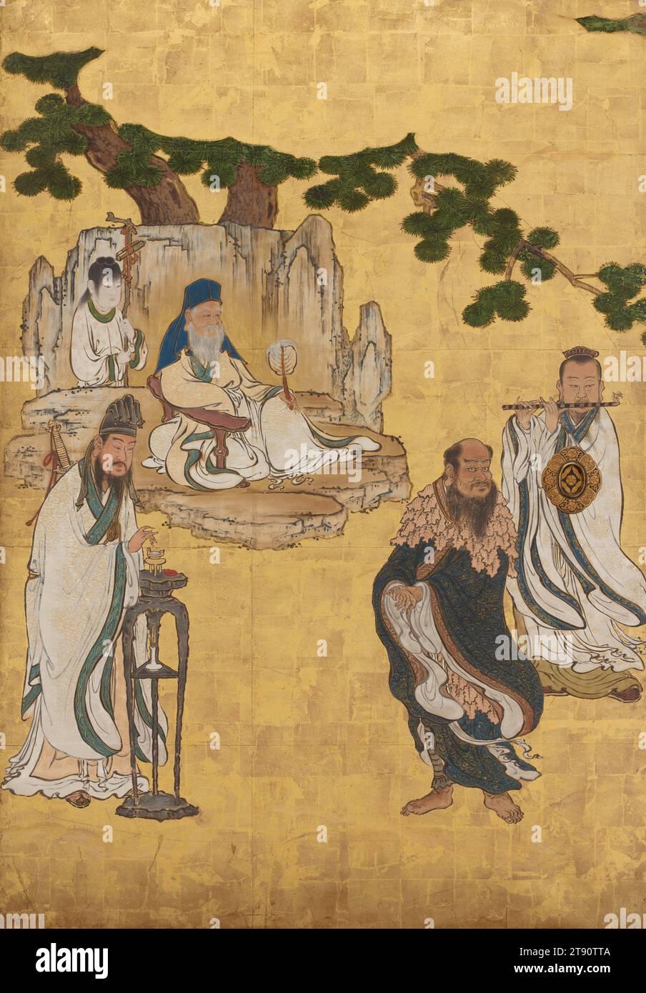 Alter Mann vom Südpol (unter Baum), Lü Dongbin (links), Zonglin Quan (Mitte), Xue Shenwong (rechts) Mitte links vom Set Daoist Unsterbliche, 1646, Kano Sansetsu, Japanisch, 1589 - 1651, 65 1/2 x 45 1/2 Zoll (166,37 x 115,57 cm) (Bild)69 x 49 x 3/4 Zoll (175,26 x 124,46 x 4,45 cm) (Außenrahmen), Tinte, Farbe und Blattgold auf Papier, Japan, 17. Jahrhundert, diese Schiebetürpaneele (fusuma) zeigen eine Gruppe chinesischer Daoistischer Unsterblicher. Die Chinesen glaubten, die Unsterblichen seien historische und legendäre Persönlichkeiten, die es durch moralische Tugend, Glauben und Disziplin schafften, die Grenzen zu überschreiten Stockfoto