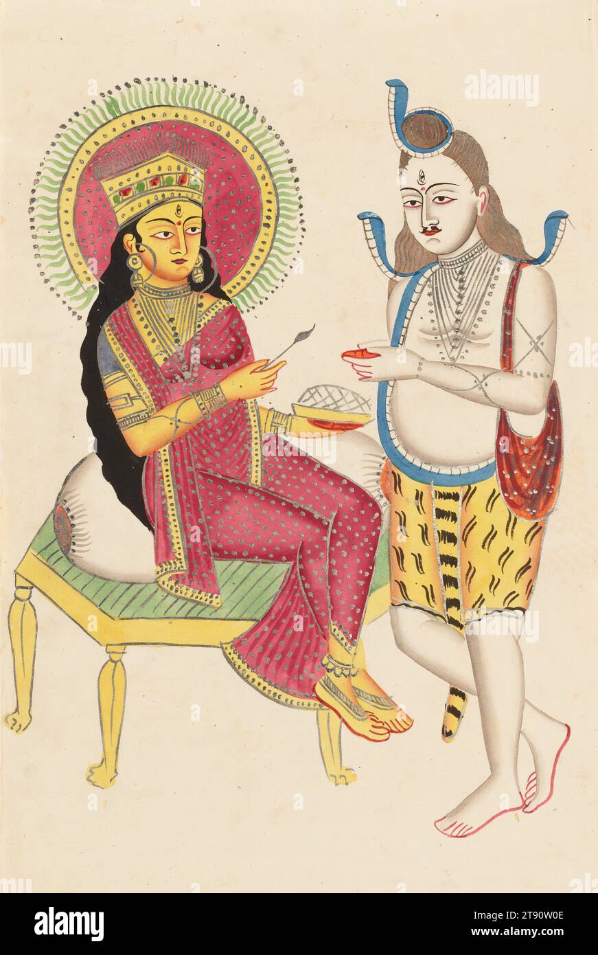 Annapurna Giving Alms to Shiva, 19. Jahrhundert, 17 3/4 x 11 1/16 Zoll. (45,1 x 28,1 cm), Aquarell auf Papier, Indien, 19. Jahrhundert, die Göttin der Körner, Annapurna, bietet ihrer Gemahlin Shiva Nahrung an. Annapurna ist reich gekleidet mit einem gepunkteten roten Sari und einer Krone, während Shiva in starkem Kontrast zu ihrer Pracht steht, mit drei gedrehten Kobras um sein verfilztes Haar. Eine Schultertasche und ein Tigerfell-Tigerfell weisen ihn als in seiner unheilvollen Form, und seine Handflächen werden nach dem Essen ausgestreckt Stockfoto