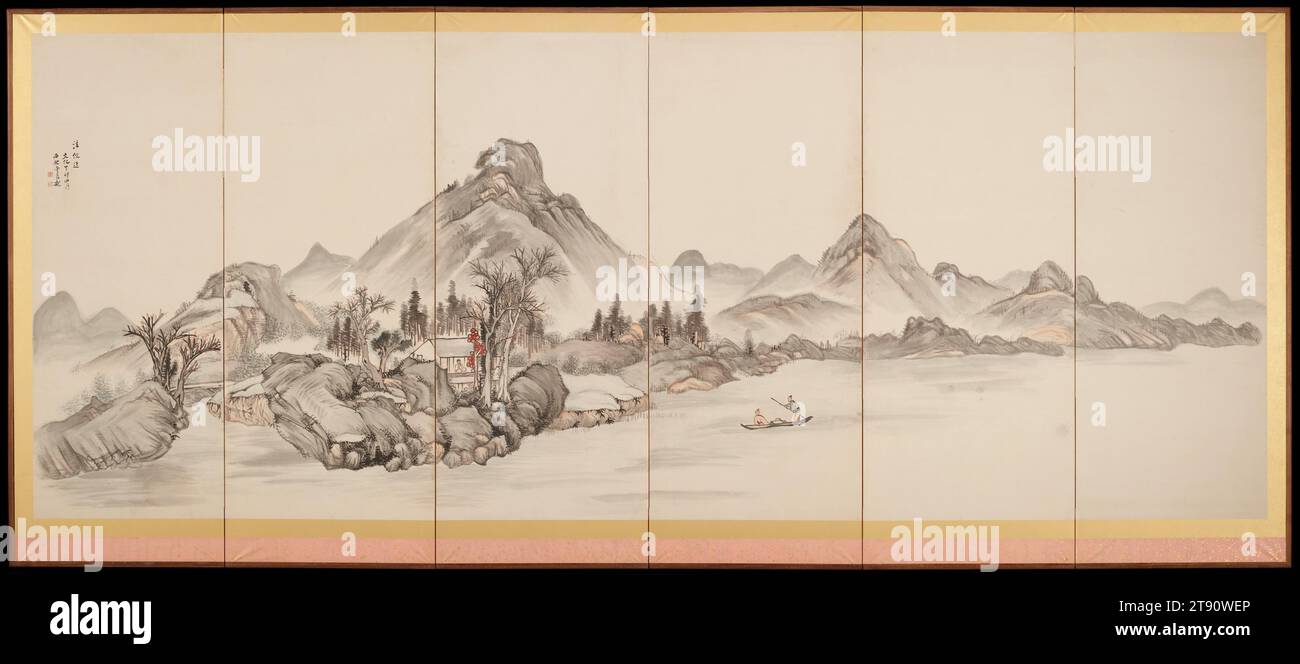 Ansichten der Flüsse Xiao und Xiang links von einem Paar, 1807, Kushiro Unzen, Japanisch, 1759 - 1811, 51 13/16 x 130 7/8 Zoll (131,6 x 332,42 cm) (Bild)59 5/8 x 136 1/4 x 1/2 Zoll (151,45 x 346,08 x 1,27 cm) (äußerer Rahmen), Tinte und helle Farbe auf Papier, Japan, 19. Jahrhundert, neben der Emulation chinesischer Pinsel, nahmen japanische Künstler der Nanga-Schule auch chinesische Themen an. Für diese Bildschirme stellte Kushiro Unzen den Zusammenfluss der Flüsse Hsiao und Hsiang in der Provinz Hunan dar, obwohl er aufgrund staatlicher Beschränkungen nicht nach China reisen konnte. Stockfoto