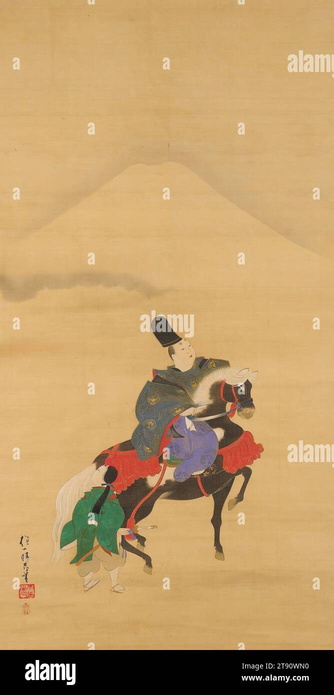 Narihira Reiten unterhalb von Fuji, um 1820, Sakai Hōitsu, Japanisch, 1761 - 1828, 48 7/16 x 23 1/4 Zoll (123,03 x 59,06 cm) (Bild)82 1/2 x 32 1/2 Zoll (209,55 x 82,55 cm) (Blatt), Tinte und Farbe auf Seide, Japan, 19. Jahrhundert, Sakai Hōitsu war der Sohn des Herrn von Himeiji. Nachdem er mehrere Malstile beherrscht hatte, interessierte er sich für die dekorative Rinpa-Schule, die nach einem ihrer größten Meister, Ogata Korin, benannt wurde. Auf der Suche nach verbliebenen Werken Korins, der 45 Jahre vor Hōitsu Geburt gestorben war, veröffentlichte er ein Holzschnitt-Buch mit Korins Werken. Stockfoto