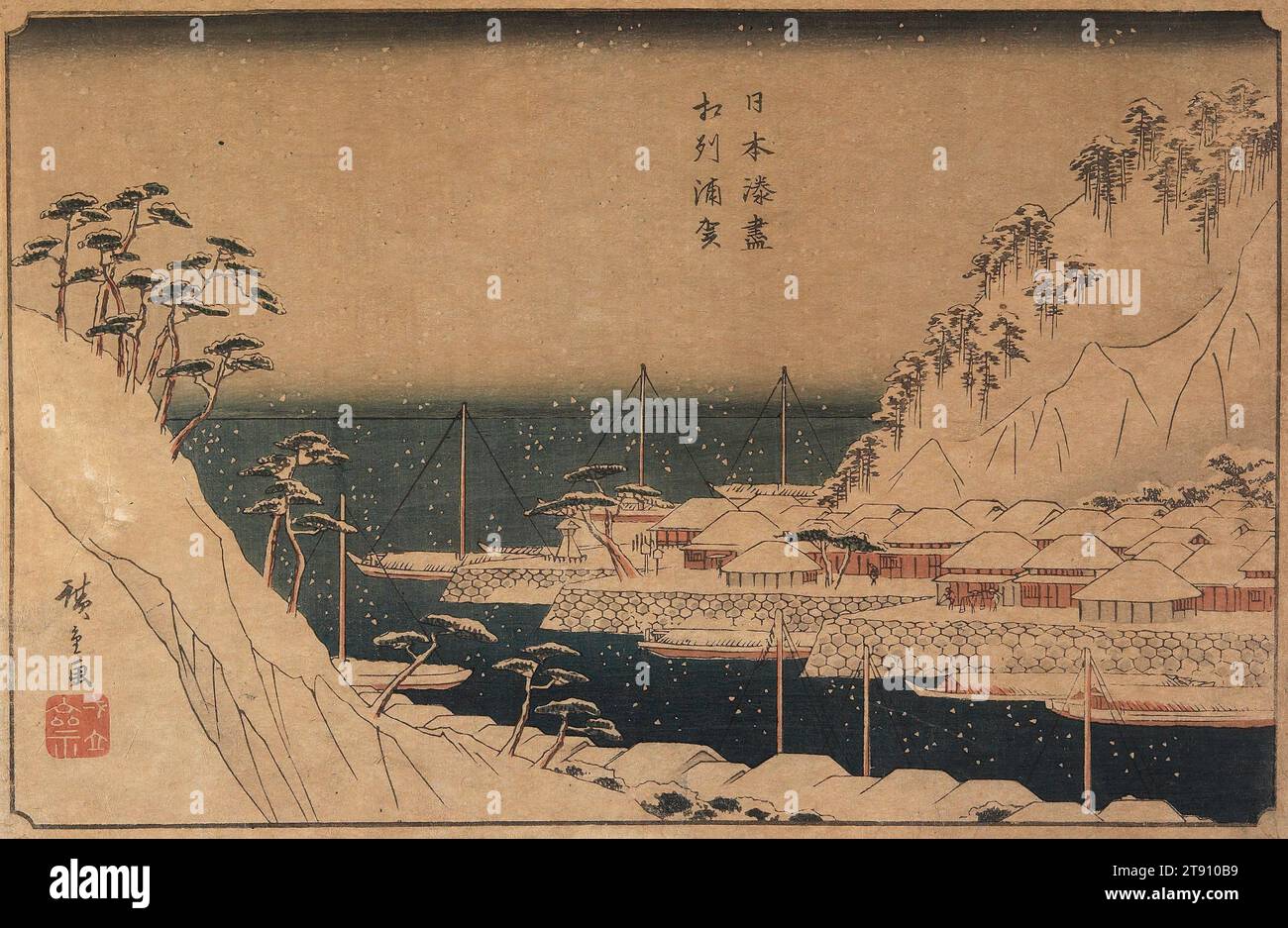 Uraga in der Provinz Sagami, ca. 1840-1842, Utagawa Hiroshige; Herausgeber: Maruya Seijirō, Japanisch, 1797 - 1858, 8 3/4 x 13 11/16 Zoll (22,2 x 34,7 cm) (Bild)10 x 1/4 Zoll (25,4 x 36,2 cm) (Blatt), Holzschnitt (nishiki-e); Tinte und Farbe auf Papier, Japan, 19. Jahrhundert Stockfoto