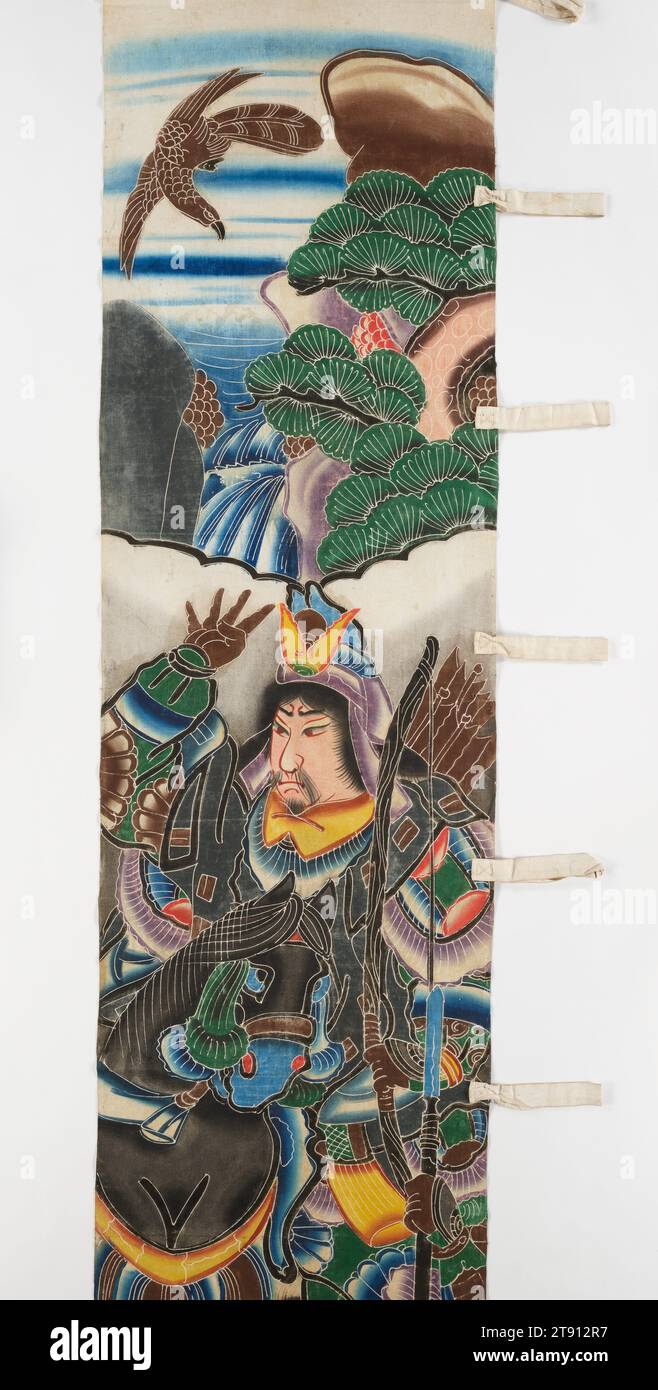 Festivalbanner der drei Krieger, Ende des 19. Bis Anfang des 20. Jahrhunderts, Kakurō, Japanisch, 310 x 1/2 cm. (787,4 x 74,9 cm), Tuch: Baumwolle; Tsutsugaki (frei handbemalt), handbemalte Pigmente, Tinte, Japan, 19.-20. Jahrhundert Stockfoto