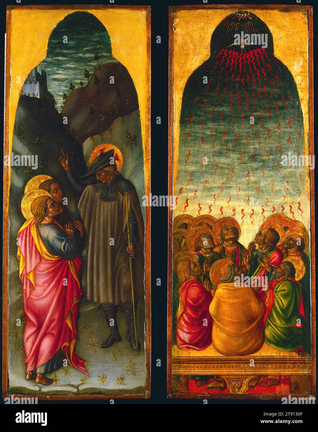 Pfingsten, ca. 1440, Bartolomeo di Tommaso, Italienisch (Umbrien), Italienisch (Umbrien), aktiv 1425 - 1453 / 54, 19 x 7 Zoll (48,26 x 17,78 cm) (Tafel), Tempera auf Tafel, Italien, 15. Jahrhundert, in dieser Szene aus dem Neuen Testament wurden die zwölf Apostel nach Christi Tod und Himmelfahrt in einem Raum versammelt. Plötzlich tauchten auf jeder Zunge Feuer auf. Sie waren mit dem Heiligen Geist erfüllt, dargestellt durch die Taube über ihnen, und jeder fing an, in einer anderen Sprache zu sprechen. Das Pfingstthema ist in der christlichen Kunst nach dem Mittelalter verbreitet Stockfoto