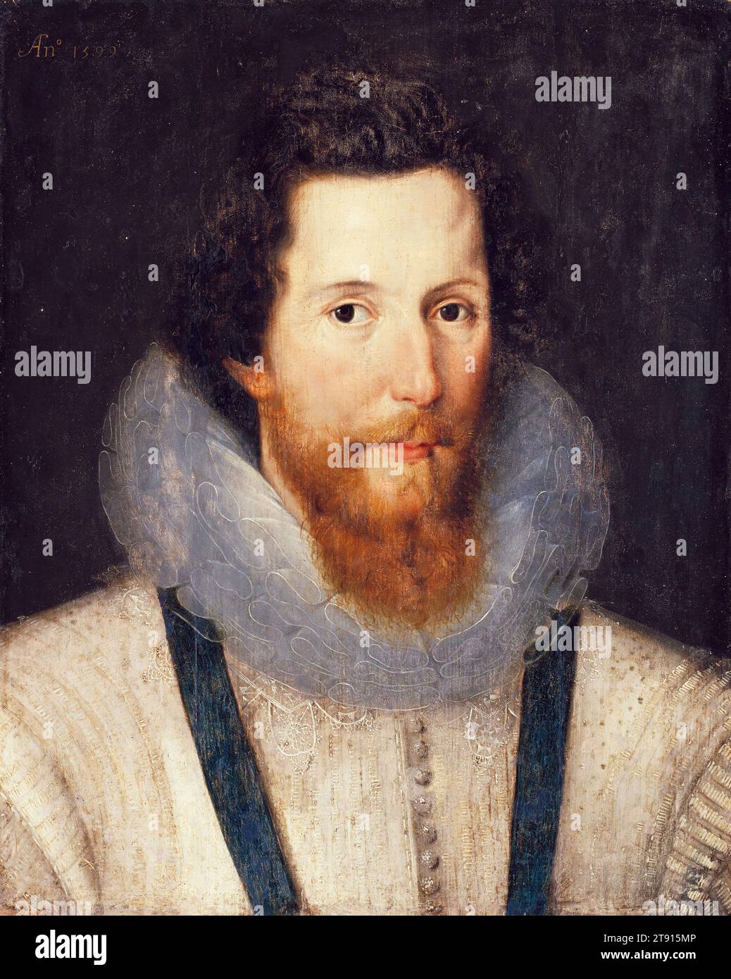 Porträt von Robert Devereux, 2. Earl of Essex, 1599, Studio von Marcus Gheeraerts the Younger, Flämisch, 1561/62–1636, 19 1/2 x 15 1/2 cm. (49,53 x 39,37 cm), Öl auf Platte, England, 16. Jahrhundert, der Earl of Essex war ein englischer Adliger und ein Favorit von Königin Elisabeth I. Politisch ambitioniert und ein engagierter General, wurde er nach einem schlechten Feldzug in Irland während des Neunjährigen Krieges 1599 unter Hausarrest gestellt. 1601 führte er einen gescheiterten Staatsstreich gegen die Regierung an und wurde wegen Hochverrats hingerichtet Stockfoto