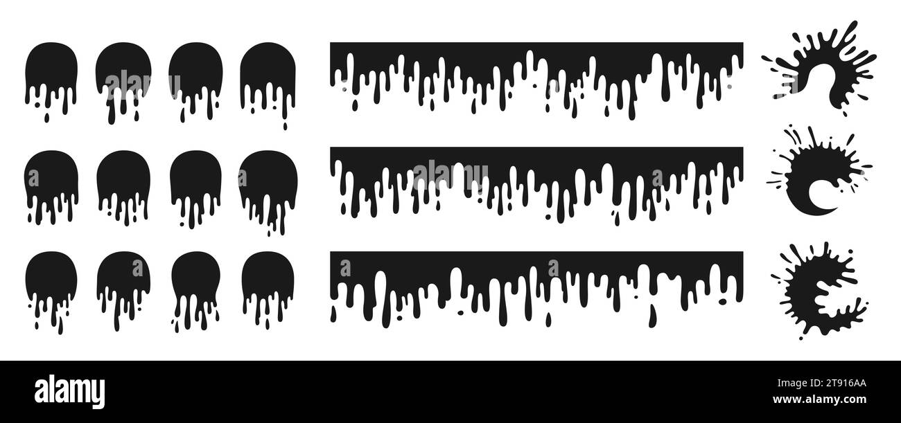 Cartoon-Set mit Spritzern und Tinte. Flecken- und Farbspritzformen, Flüssigkeiten Tropfen Symbol flache Spritzer. Verschiedene Spritzer und Tropfen in matschigem Schwarz Tropfenform Kollektion. Isolierte Vektordarstellung Stock Vektor