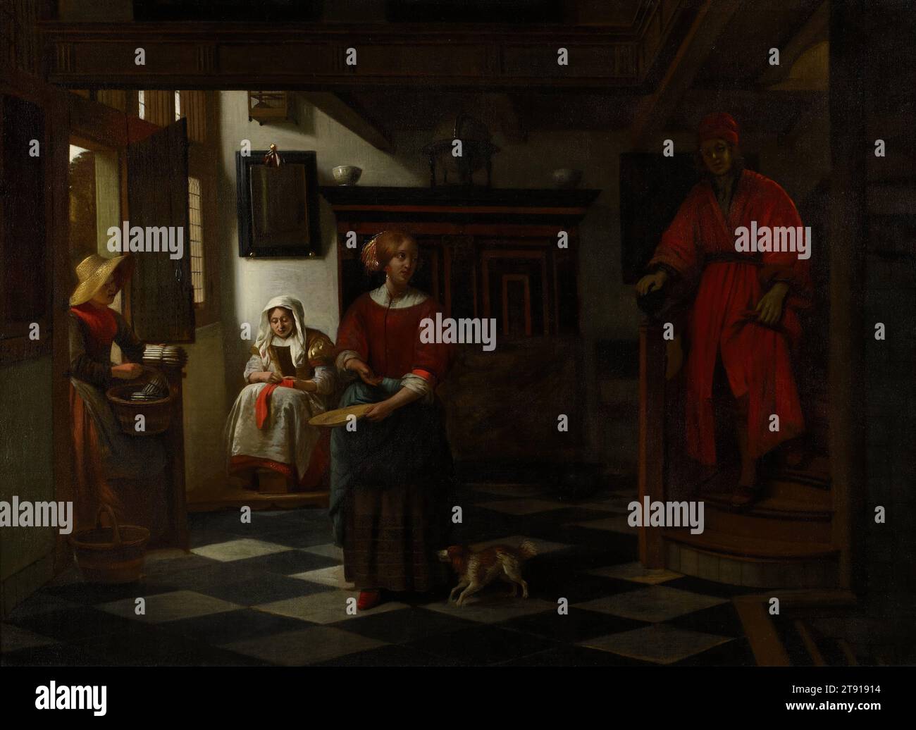 The Spargel Vendor, 1675–80, Pieter de Hooch, Niederländisch, 1629–1684, 30 x 41 Zoll (76,2 x 104,1 cm) (Leinwand)40 1/2 x 51 1/2 Zoll (102,87 x 130,81 cm) (Außenrahmen), Öl auf Leinwand, Niederlande, 17. Jahrhundert, bevorzugten Pieter de Hoochs Kunden zeitgenössische häusliche Szenen, die die Werte einer zunehmend florierenden niederländischen Mittelschicht zum Ausdruck brachten. In diesem Bild spiegelt sich der Reichtum der Familie in mehreren Details wider. Die Herrin des Hauses, ausgestattet mit edlen Stoffen und barocken Perlen, begrüßt einen Ladenbesitzer, der frischen weißen Spargel liefert – immer eine Delikatesse. Sie wendet sich um, um mit ihrem Mann zu sprechen Stockfoto