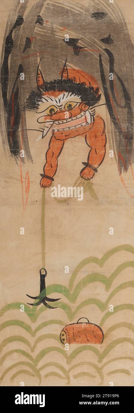 God of Thunder, Ende des 18. Jahrhunderts, Unbekanntes Japanisch, 1/8 x 7/8 cm (13 x 17,4 cm) (Bild)17 15/16 x 14 Zoll (45,5 x 35,5 cm) (Matte), hängende Rolle; Tinte und Farbe auf Papier, Japan, 18. Jahrhundert, anstatt die geheimnisvolle und erschreckende Macht des Donners zu betonen, ließen O tsu-e Künstler ihn humorvoll dem gleichen Unglück zum Opfer fallen, das Menschen plagt. Hier hat er versehentlich seine Trommel ins Meer fallen gelassen. Er beugt sich unsicher aus den bedrohlichen Wolken und fischt mit einem schweren schwarzen Haken nach ihm Stockfoto