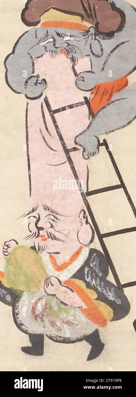 Fukurokuju von einer Leiter rasieren, erste Hälfte des 18. Jahrhunderts, Unbekanntes Japanisch, 24 1/8 x 9 1/8 Zoll. (61,3 x 23,2 cm), hängende Rolle; Tinte und Farbe auf Papier, Japan, 18. Jahrhundert, Daikoku und Fukurokuju gehören zu den sieben Göttern des Guten Glücks. Daikoku wird mit der Landwirtschaft in Verbindung gebracht und als Gott der Felder verehrt. Fukurokuju, der Gott der Langlebigkeit, zeichnet sich durch seinen extrem langgestreckten Schädel aus, der wahrscheinlich darauf hindeuten soll, dass er über sein langes Leben eine große Weisheit gesammelt hat Stockfoto