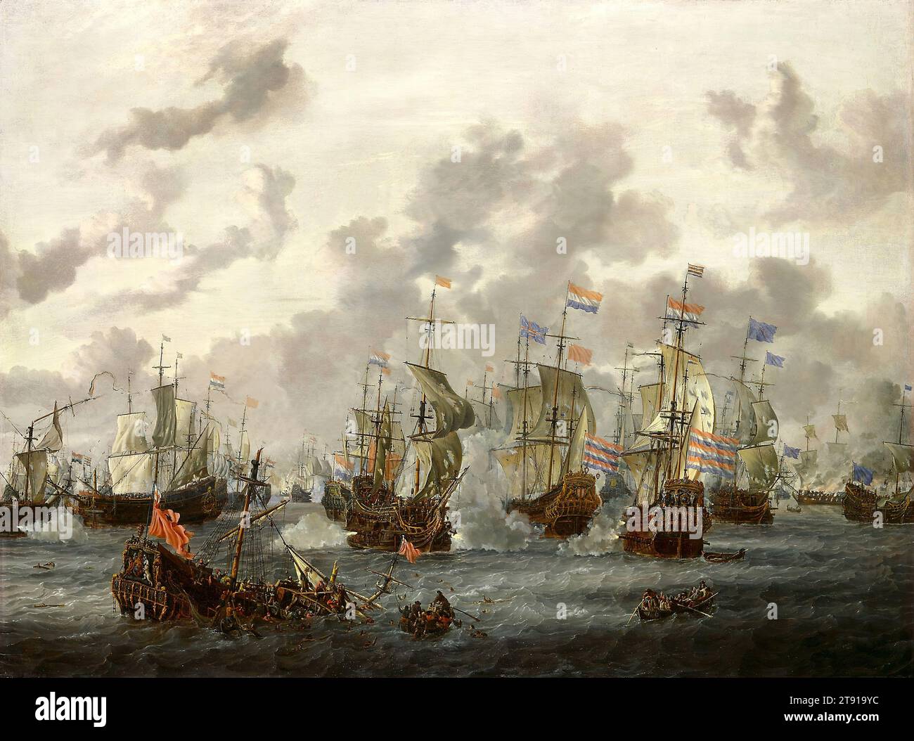 The Four Days’ Battle, 1666, Abraham Storck, Niederländisch, 1635–1710, 37 1/2 x 50 1/2 Zoll (95,25 x 128,27 cm) (Leinwand), Öl auf Leinwand, Niederlande, 17. Jahrhundert, diese patriotische Szene beschreibt die vier Tage-Schlacht (11.-14. Juni 1666) zwischen der niederländischen und der britischen Flotte im Ärmelkanal. Die beiden Hauptschiffe der niederländischen Geschwader, die Gouda und der Spiegel, erscheinen in der Mitte der Komposition. Diese Schlacht, eine von mehreren Marineengagements während der langwierigen Handelskriege zwischen diesen beiden Ländern, endete für die Niederländer günstig. Die britische Flotte erlitt den Verlust von 8.000 Mann Stockfoto