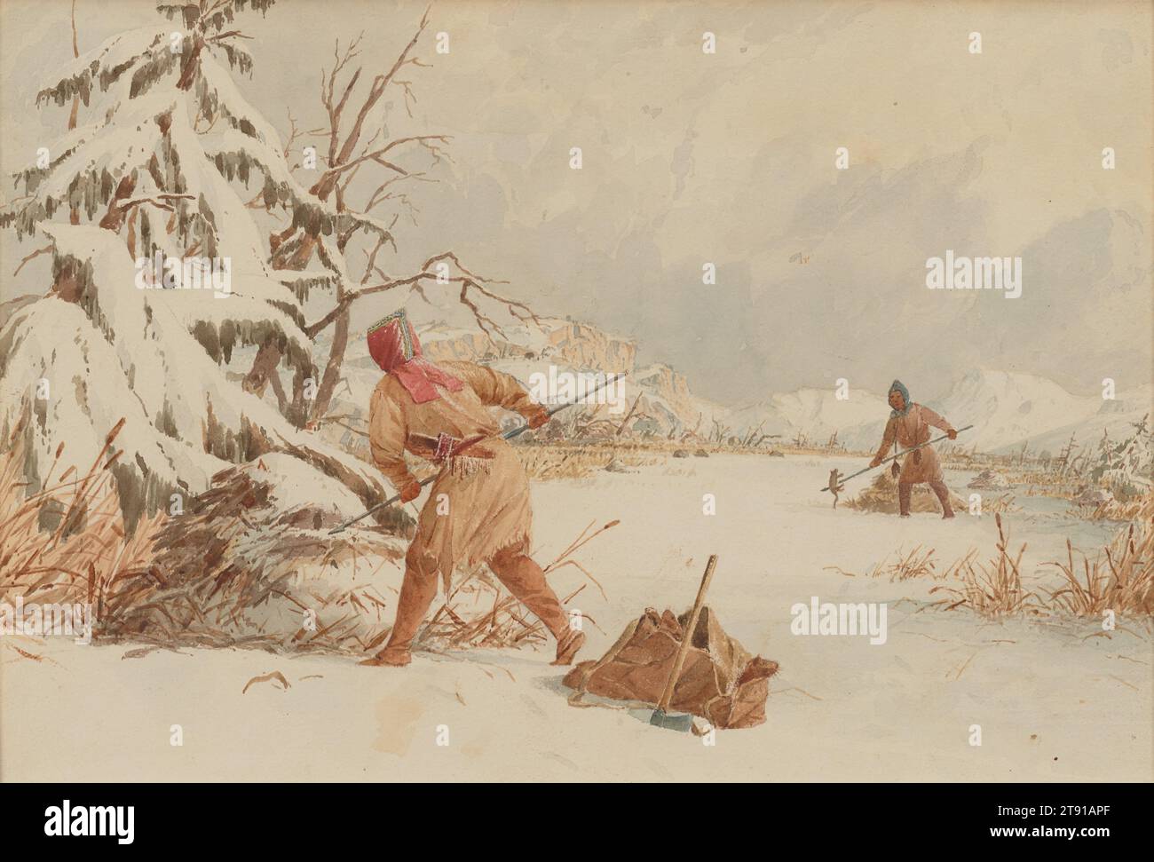 Spearing Muskrats in Winter, 1849–1855, Seth Eastman, amerikanisch, 1808–1875, 3/4 x 1/8 Zoll (19,69 x 28,26 cm) (Bild)8 7/8 x 11 1/8 Zoll (22,54 x 28,26 cm) (Blatt), Aquarell, USA, 19. Jahrhundert, die Muskratenköpfe, die aus dem Sack schauen, deuten auf eine gute Jagd hin. Eine kalte, weiße Landschaft erstreckt sich noch immer, aber das Echo der Haltungen der Jäger deutet auf eine Verbindung von Kameradschaft hin. Angesichts des schwindenden Angebots an Tieren mit begehrten Pelzfellen wie Biber jagten (und aßen) die Ureinwohner Muskraten, obwohl ihr Pelz bei der Handelsgesellschaft weit weniger verdient hatte. Stockfoto