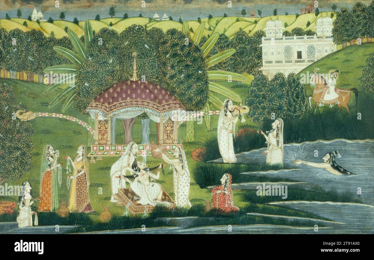 Bani Thani Baden im Pholl Sagar Palace, 1810-1820, 6 13/16 x 13/16 cm (17,3 x 27,46 cm), undurchsichtige Aquarelle und Gold auf Papier, Indien, 19. Jahrhundert, diese fein detaillierte Miniatur ist eine spätere Version eines klassischen Kishangarh-Gemäldes aus der Mitte des 18. Jahrhunderts. Populäre Themen und Bildstile wurden fortgeschrieben und spezifische Werke sorgfältig nach ihrer historischen Periode kopiert. Die winzigen Details und die exakte Handwerkskunst dieser Kopie bestätigen, dass die technischen Fähigkeiten der Miniaturmaler mit der Zeit nicht notwendigerweise abnahmen Stockfoto