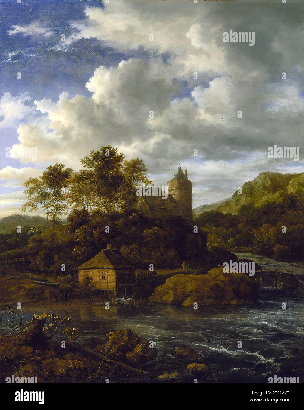 Castle and Watermill by a River, um 1670, Jacob van Ruisdael, Niederländisch, 1628 oder 1629–1682, 27 x 1/2 Zoll (68,58 x 57,15 cm) (Leinwand), Öl auf Leinwand, Niederlande, 17. Jahrhundert, Jacob van Ruisdael, der berühmteste niederländische Landschaftsmaler der 1600er Jahre komponierte diese imaginären Landschaften spät in seiner Karriere. Die Fachwerkhäuser sind typisch für Deutschland, nicht für Holland. Auch die hügelige, manchmal bergige Topographie ist fehl am Platz – Holland ist berüchtigt flach. Aber Drama, nicht Realismus, ist das, was van Ruisdael will. Er hebt die schönen Kontraste der Natur hervor Stockfoto