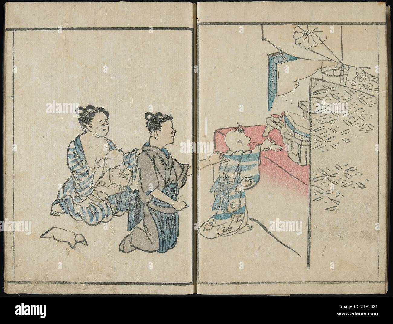 A Hundred Comic Pictures Vol. 1, 1832, 5. Monat, Ōishi Shinko, Japanisch, 1/4 x 6 5/16 x 8 11/16 Zoll (0,6 x 16 x 22 cm), Holzblock-gedrucktes Buch; Tinte und limitierte Farbe auf Papier, Japan, 19. Jahrhundert Stockfoto