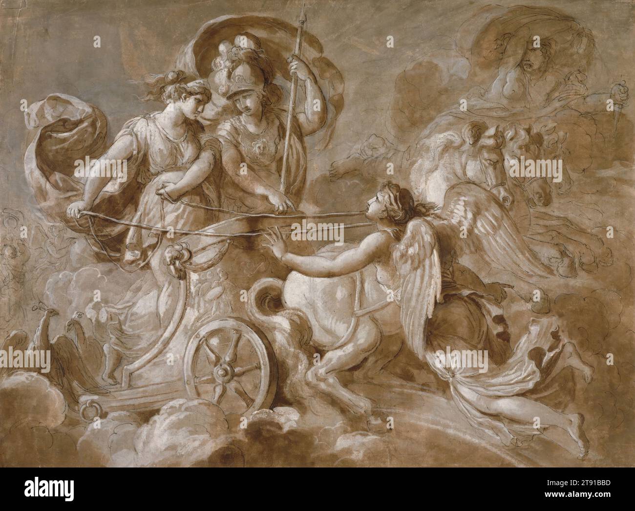 Iris nähert sich Athena und Hera, um 1780, Louis-Jean-Francois Lagrenée zugeschrieben; Künstler: Früher Jacques Réattu zugeschrieben, Französisch, 1760–1833, 16 5/8 x 22 1/4 cm. (42,23 x 56,52 cm) (Bild), Stift und schwarze Tinte, bistre Waschung, weiße Gouache und Graphit, Frankreich, im 18. Jahrhundert war der griechische Mythos bei französischen neoklassischen Malern beliebt, besonders undurchsichtige Szenen wie diese. diese Zeichnung repräsentiert eine Szene aus Homers Ilias, als die Botengöttin Iris von Zeus geschickt wurde, um Athena und Hera zu warnen, den Griechen nicht zu helfen Stockfoto