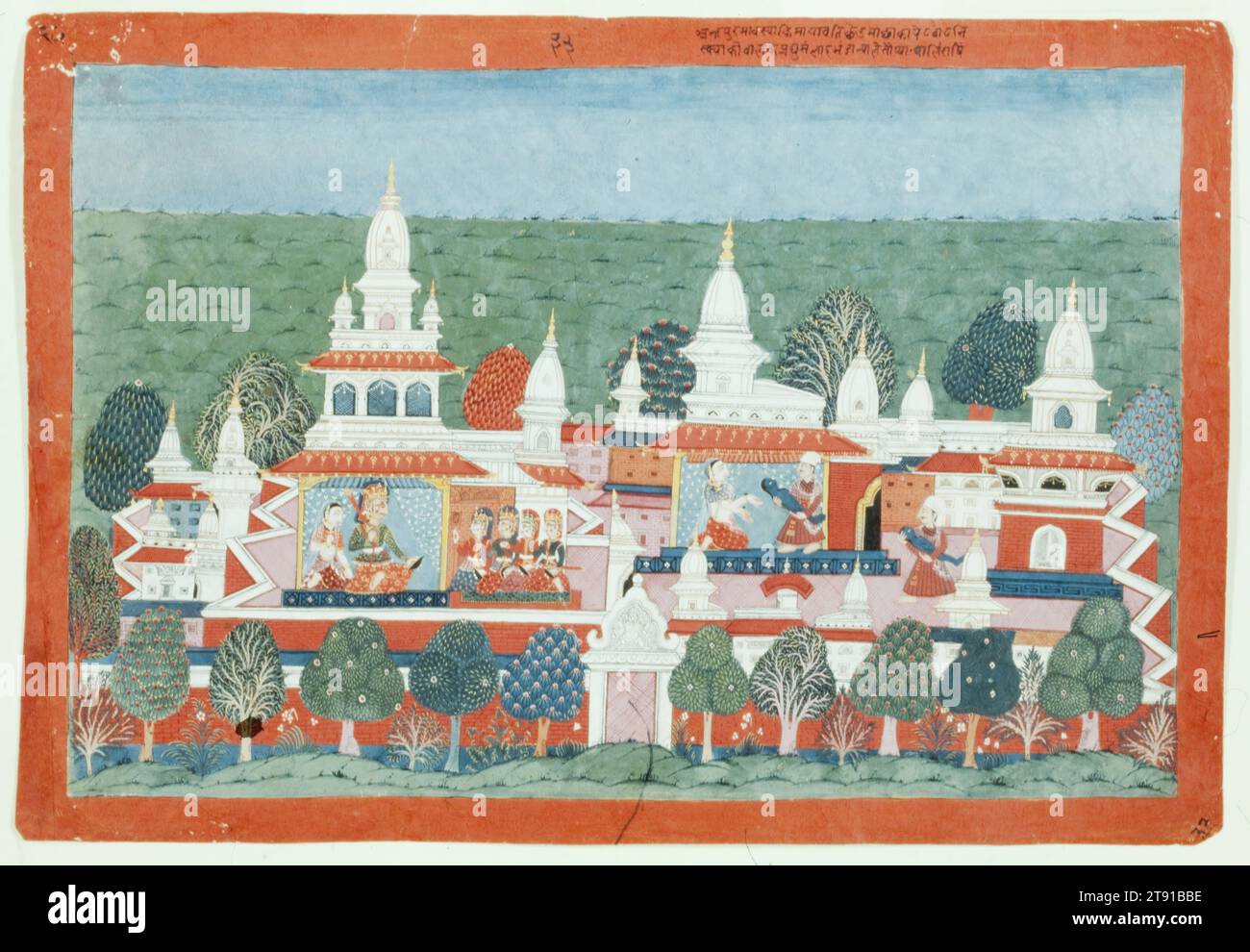 Die Geschichte von Pradyumnas Geburt, ca. 1775, 12 3/4 x 19 1/4 cm. (32,39 x 48,9 cm), undurchsichtige Aquarelle auf Papier, Nepal, 18. Jahrhundert, beginnend in der Mitte des 17. Jahrhunderts interessierte sich das nepalesische Königshaus des Kathmandu-Tals zunehmend für Rajput-Gemälde aus Indien. Ursprünglich von den Malwa- und Kangra-Schulen beeinflusst, entwickelten nepalesische Künstler dennoch ein originelles Raumgefühl, das Vogelperspektive und mehrere Perspektiven nutzte Stockfoto