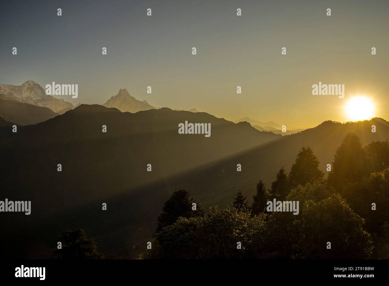 Sonnenaufgang am Poon Hill Annapurna Himalaya Range, Nepal Stockfoto
