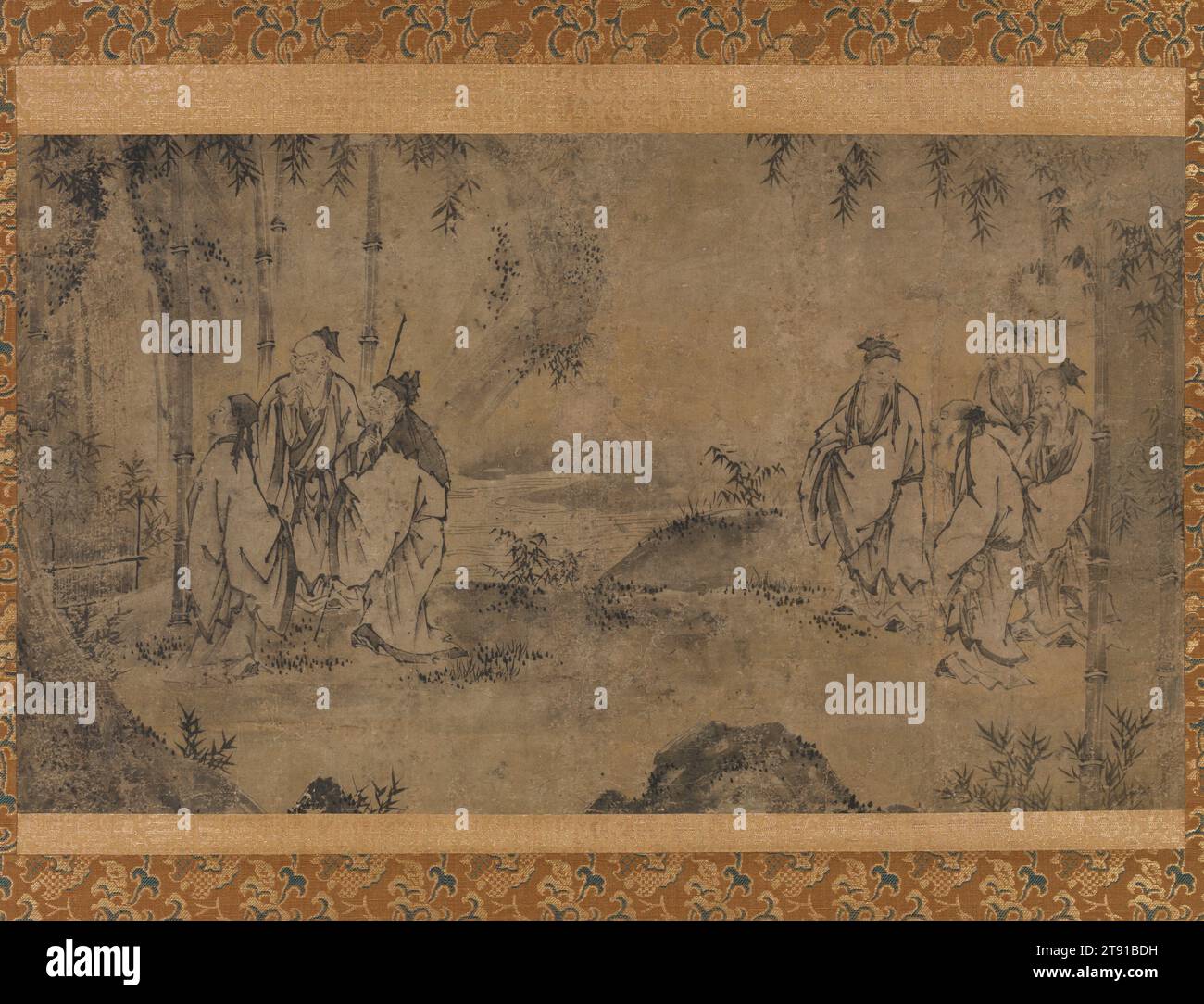 Sieben Weisen aus dem Bambushain, erste Hälfte des 16. Jahrhunderts, Seikō, Japaner, Act. Erste Hälfte des 16. Jahrhunderts, 1/4 x 1/8 Zoll (31,12 x 53,66 cm) (Bild)43 3/4 x 25 7/8 Zoll (111,13 x 65,72 cm) (Halterung, ohne Rolle ), Tinte auf Papier, Japan, 16. Jahrhundert, dieses Gemälde zeigt sieben Gelehrte aus China des dritten Jahrhunderts, die sich in der Nähe eines Gebirgsstroms und eines Bambushains versammelt haben. Vier Gelehrte unterhalten sich rechts, drei links bewundern einen Wasserfall. Künstler begannen bereits im vierten Jahrhundert in China und im neunten Jahrhundert in Japan, Bilder der sogenannten „Sieben Weisen des Bambushains“ zu erschaffen Stockfoto