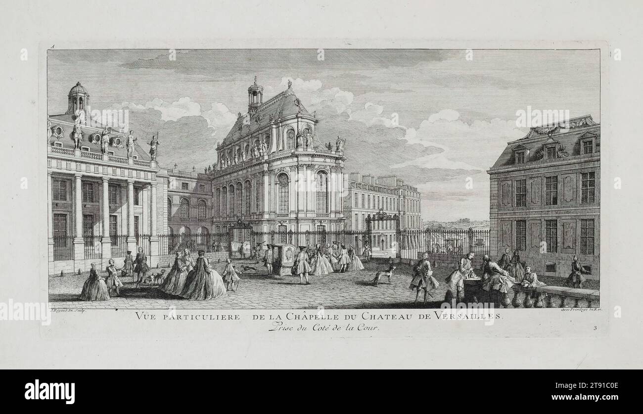 Ansicht des Schlosses von Versailles mit der Kapelle, um 1730, Jacques Rigaud, Französisch, um 1681 - um 1753, 9 7/8 x 18 15/16 cm (25,08 x 48,1 cm) (Platte)14 x 3/4 Zoll (35,56 x 55,25 cm) (Blatt), Ätzen und Gravieren, Frankreich, 18. Jahrhundert, die Kapelle von Versailles wurde gegen Ende der massiven Bauarbeiten Ludwigs XIV. Begonnen und 1710 fertiggestellt, nur fünf Jahre vor dem Tod des Königs. Jacques Rigaud, ein versierter Illustrator und Kupferstecher von Stadt- und Palastansichten, animierte seine architektonischen Drucke, indem er die Vordergründe mit Bildern höflicher Gesellschaft bevölkerte. Stockfoto