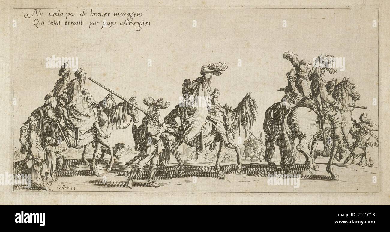 Les Bohémiens en marche: L'avant-Garde, um 1621, Jacques Callot, Französisch, 1592–1635, 3/4 x 5/16 Zoll (12,07 x 23,65 cm) (Platte)5 7/8 x 10 9/16 Zoll (14,92 x 26,83 cm) (Blatt), Ätzen, Frankreich, 17. Jahrhundert Stockfoto