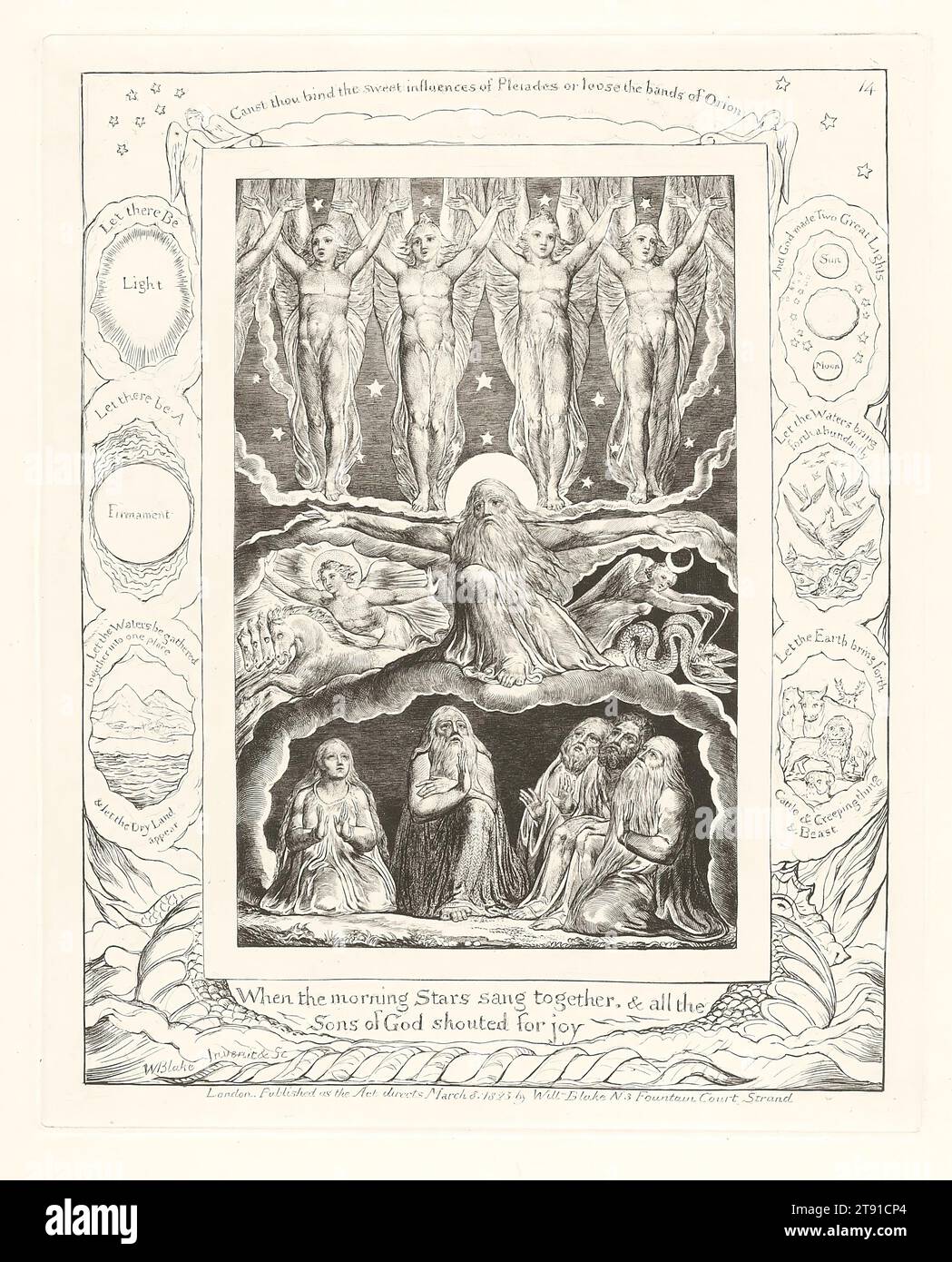 Als die Morgensterne zusammen sangen, & All the Sons of God shouted for Joy, 1825, William Blake, Brite, 1757–1827, 8 x 6 7/16 Zoll (20,32 x 16,35 cm) (Blatt), Engraving, England, 19. Jahrhundert, mystische Ekstase ist sowohl ein Zustand des Wissens als auch der Emotionen, aber das Wissen ist normalerweise so tief, dass es danach unübertragbar ist. Blake besaß zwei Künste, um die Weisheit aus Ekstase zu erfassen und zu definieren. Die Vision im Universum, die in dieser Abbildung hervorgerufen wird, spiegelt Hiobs Erfahrung mit dem Wirbelwind wider, der auf der vorhergehenden Platte dargestellt ist Stockfoto