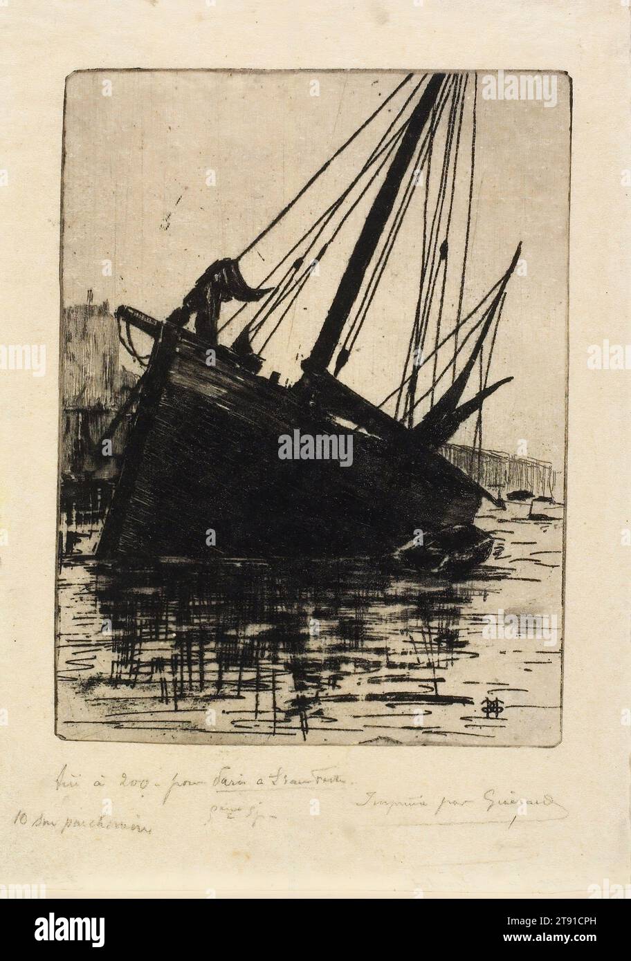 Stranded, um 1888, Henri-Charles Guérard, Französisch, Paris 1846–Paris 1897, 1/4 x 1/8 Zoll (20,96 x 15,56 cm) (Platte)10 7/8 x 7 3/4 Zoll (27,62 x 19,69 cm) (Blatt), Etching, Frankreich, 19. Jahrhundert, obwohl den meisten Amerikanern unbekannt, war Henri-Charles Guérard in den 1870er und 1880er Jahren Mitglied der Pariser Avantgarde und enger Mitarbeiter des Malers Edouard Manet. Guérard war einer der produktivsten französischen Printmacher des 19. Jahrhunderts. Neben Hunderten von Buchillustrationen und reproduktiven Drucken schuf er fast 500 Originalwerke, von denen die meisten unveröffentlicht blieben Stockfoto