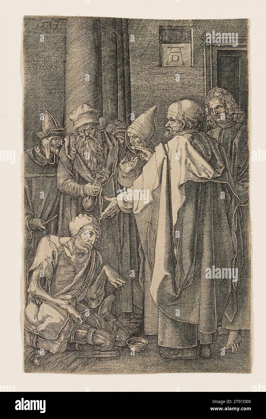 St. Peter und St. John Healing Cripple at Temple of Temple, 1513, Albrecht Dürer, 1471–1528, 5/8 x 15/16 Zoll (11,75 x 7,46 cm) (Bild), Gravur, Deutschland, 16. Jahrhundert, diese letzte Szene der „gravierten Passion“ wurde von den meisten erhaltenen alten Kopien ausgelassen. Da dieses Thema nicht in den Rahmen einer Passionsreihe fällt, kann Dürer es nicht als Abschlussblatt geplant haben, sondern muss geplant haben, weitere Themen hinzuzufügen, die nie abgeschlossen wurden. Es zeigt eine Episode des Neuen Testaments in der Apostelgeschichte (3:1-10), in der Petrus und Johannes einen Krüppel heilen, der draußen bettelt Stockfoto