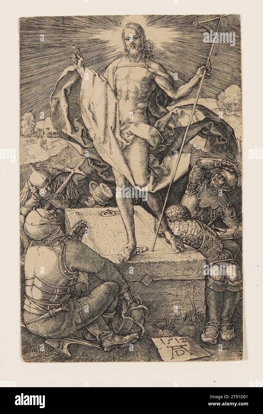 Auferstehung, 1512, Albrecht Dürer, 1471–1528, 1/2 x 7/8 Zoll (11,43 x 7,3 cm) (Bild), Gravur, Deutschland, 16. Jahrhundert, nach dem Biographen Vasari aus dem 16. Jahrhundert erreichten einige Drucke Dürers Florenz, darunter die Gravur Passion Serie, wo sie als die ultimative Perfektion und Qualität im Medium der Gravur eingestuft wurden. Unter den Florentiner Künstlern, die sie studierten, war Jacopo Pontormo (1494–1556). 1522-23 malte Pontormo, als er der Pest in einem Kloster außerhalb von Florenz entfliehen wollte, eine Freskenserie, die die Passion illustrierte. Stockfoto