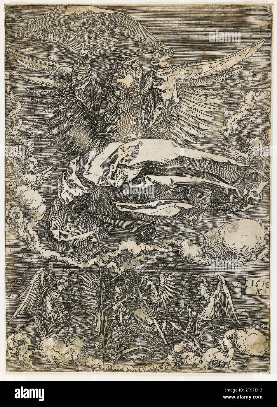 Das Sudarium von One Angel, 1516, Albrecht Dürer, 1471–1528, 1/4 x 3/16 Zoll (18,42 x 13,18 cm) (Platte), Ätzen auf Eisen, Deutschland, 16. Jahrhundert, dieser ungewöhnliche Druck, während Albrecht Dürer mit der Lockerung der geätzten Linie experimentierte, fängt er die zitternden, visionären Staatsmenschen ein, die durch Gebet zu erreichen suchten. Das Gesicht Christi ist auf dem wehenden Sudarium kaum zu erkennen, das der Legende nach eingeprägt war, als Veronica Christi Stirn abwischte. Stockfoto