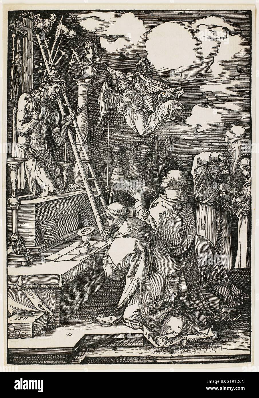 Gregoriumsmesse, 1511, Albrecht Dürer, 1471–1528, 3/4 x 1/8 Zoll (29,85 x 20,64 cm) (Bild), Holzschnitt, Deutschland, 16. Jahrhundert, während der Messe in Rom sah Papst Gregor der große Christus auf wundersame Weise über einem Sarkophag aufsteigen, begleitet von Symbolen der Passion. Diese Legende brachte den gregorianischen Schmerzensmann zur Welt. Mit Blick auf Naturalismus lehnte Albrecht Dürer ein kleines Andachtsbild an den Altar, vielleicht um dem Betrachter zu modellieren, wie Betrachtungen zur Visualisierung führen können Stockfoto