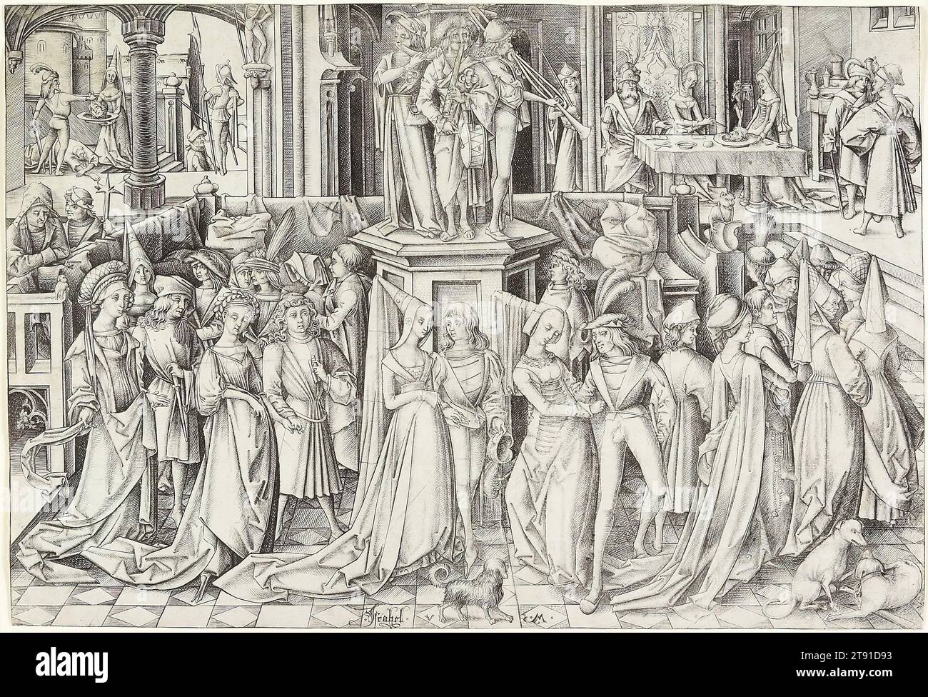 Der Tanz am Hofe Herodes, um 1500, Israhel van Meckenem, um 1445–1503, 7/16 x 3/8 Zoll (21,43 x 31,43 cm) (Bild), Gravur, Deutschland, 15.-16. Jahrhundert, Israhel van Meckenem inszenierte diese verzierte Evangeliumsgeschichte in zeitgenössischem, um 1500, Kostüm. Musik und Tanz begrüßen uns zu Festlichkeiten am Hof des Herodes, des Königs von Judäa, aber es gibt Ärger. Johannes der Täufer war zuvor inhaftiert worden, weil er Herodes kritisiert hatte, weil er Herodias geheiratet hatte, der sich von Herodes Halbbruder scheiden ließ. Während der Party sah Herodias ihre Chance auf noch größere Rache. Stockfoto
