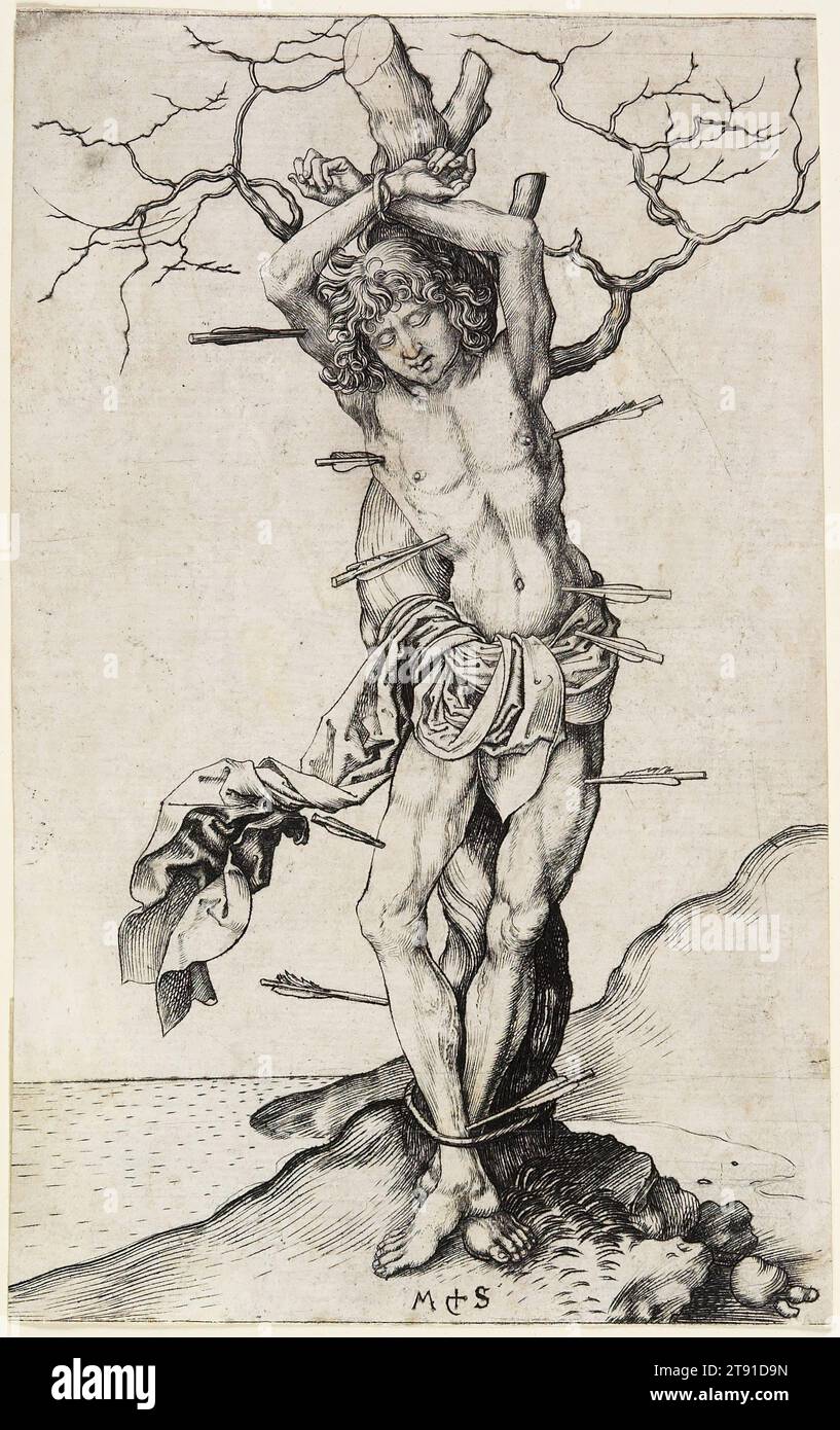 St. Sebastian, ca. 1480-1490, Martin Schongauer, deutsch, ca. 1440/53–1491, 1/8 x 13/16 Zoll (15,56 x 9,68 cm) (Bild), Gravur, Deutschland, 15. Bis 16. Jahrhundert, soll der heilige Sebastian das römische Erschießungskommando überlebt haben, das ihn während des antichristlichen Völkermordes des römischen Kaisers Diokletian um 288 n. Chr. mit Pfeilen erschossen hat. In den 1400er Jahren bot das Thema Künstlern eine gute Entschuldigung, um männliche Körper zu zeigen. In Martin Schongauers Darstellung werden die synkopierten Rhythmen von Sebastians Körper und dem knorrigen Baum, an den er gebunden ist, frei gegen den offenen Himmel gespielt Stockfoto