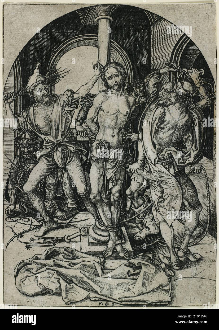 The Flagellation, ca. 1480, Martin Schongauer, deutsch, ca. 1440/53–1491, 3/8 x 1/2 Zoll (16,19 x 11,43 cm) (Bild), Gravur, Deutschland, 15. Jahrhundert, Martin Schongauers grimmiges Linearwerk reflektiert die auf Christus gerichtete Abscheu in der Passionsliteratur. Die Geißel auf dem Boden links ist ein besonders grausames Detail. Die Texte besagen, dass seine Peiniger, um das Leiden Christi zu verstärken, Eisenhaken, Gewichte und andere scharfe Geräte (einschließlich getrockneter Ochsensehnen) an ihre Peitschen gebunden haben, um sein Fleisch besser zu zerreißen Stockfoto