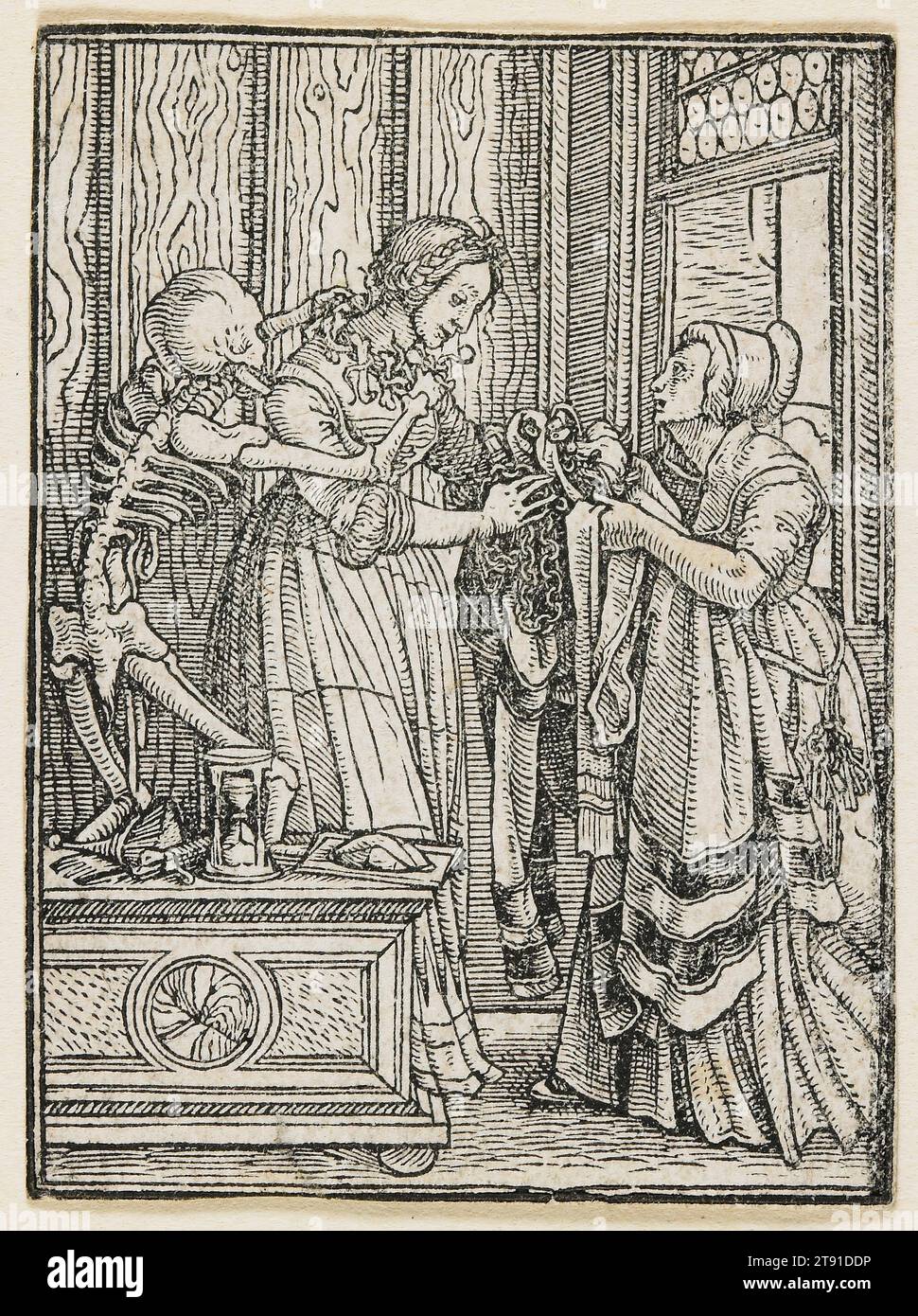 Die Gräfin aus dem Tanz des Todes (Lyon), 1538, 1523–1526, Hans Holbein der Jüngere, 1497–1543, 2 9/16 x 1 7/8 cm. (6,51 x 4,76 cm) (Bild), Holzschnitt, Deutschland, 16. Jahrhundert, Hans Holbeins Tod-Tanz ist die bekannteste Behandlung des Themas in der Renaissance-Kunst. Seine Serie von 50 Miniatur-Holzschnitten zeigt die Affinität des Todes zu allen Stationen im Leben, königliche und religiöse Beamte nicht ausgenommen. Holbeins hochanimierte Bilder blieben 15 Jahre lang unveröffentlicht. Vielleicht wurden sie in den 1520er Jahren, einer Zeit des Klassenkrieges, als zu hitzig angesehen Stockfoto