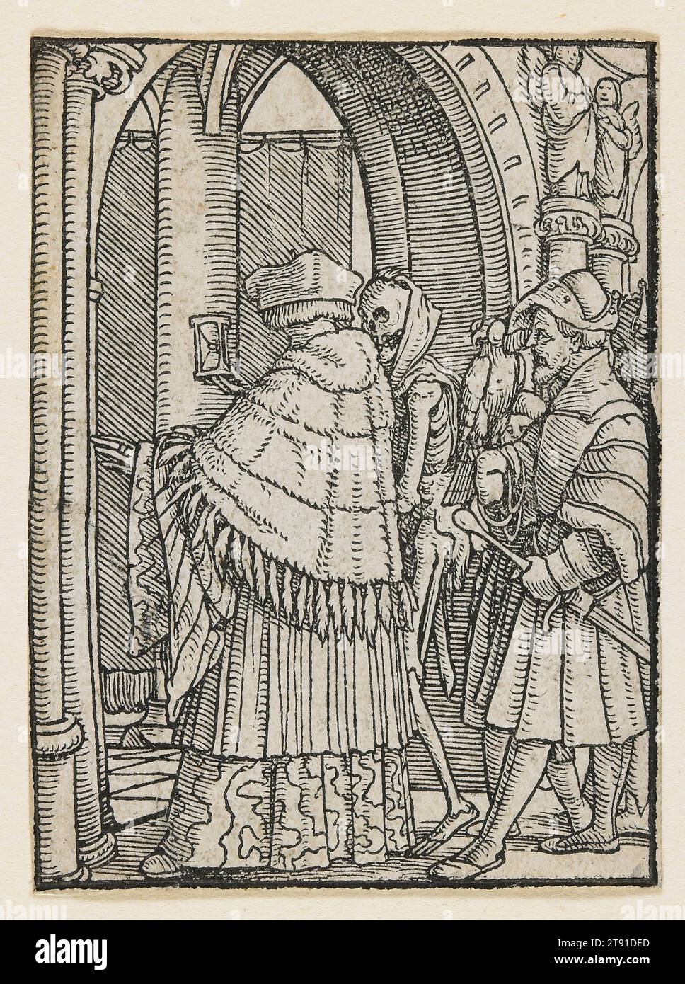Der Kanon aus dem Tanz des Todes (Lyon), 1538, 1523-1526, Hans Holbein der Jüngere, 1497–1543, 2 9/16 x 1 7/8 cm. (6,51 x 4,76 cm) (Bild), Holzschnitt, Deutschland, 16. Jahrhundert, Hans Holbeins Tod-Tanz ist die bekannteste Behandlung des Themas in der Renaissance-Kunst. Seine Serie von 50 Miniatur-Holzschnitten zeigt die Affinität des Todes zu allen Stationen im Leben, königliche und religiöse Beamte nicht ausgenommen. Holbeins hochanimierte Bilder blieben 15 Jahre lang unveröffentlicht. Vielleicht wurden sie in den 1520er Jahren, einer Zeit des Klassenkrieges, als zu hitzig angesehen Stockfoto