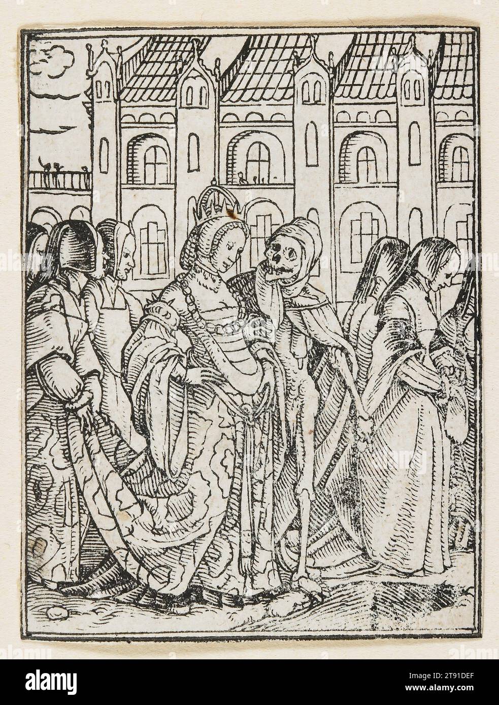 Die Kaiserin aus dem Tanz des Todes (Lyon), 1538, 1523–1526, Hans Holbein der Jüngere, 1497–1543, 2 9/16 x 7 13/16 cm. (6,51 x 19,84 cm) (Bild), Holzschnitt, Deutschland, 16. Jahrhundert, Hans Holbeins Tod-Tanz ist die bekannteste Behandlung des Themas in der Renaissance-Kunst. Seine Serie von 50 Miniatur-Holzschnitten zeigt die Affinität des Todes zu allen Stationen im Leben, königliche und religiöse Beamte nicht ausgenommen. Holbeins hochanimierte Bilder blieben 15 Jahre lang unveröffentlicht. Vielleicht wurden sie in den 1520er Jahren, einer Zeit des Klassenkrieges, als zu hitzig angesehen Stockfoto
