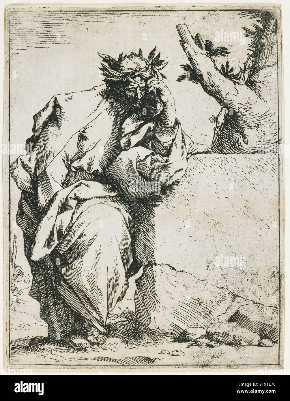Der Dichter, ca. 1620-1621, Jusepe (Giuseppe) de Ribera; Künstler: Jusepe de Rivera, Italienisch, Spanisch, ca. 1590-1652, 6 3/16 x 1/2 cm. (15,72 x 11,43 cm) (Platte), Ätzen, Italien, 17. Jahrhundert, die führende Figur der neapolitanischen Malerei, Jusepe de Ribera hatte auch eine intensive, aber kurzlebige Faszination für das Ätzen. Dieser Dichter - möglicherweise Virgil oder Dante - schlägt die vertraute Pose der grausamen, melancholischen Figur an: Kopf an Hand, schattiges Gesicht, nachdenklicher Ausdruck. Man glaubte, dass solche Individuen fast göttlich brillant wären, aber gleichzeitig waren sie traurig an ihre irdischen Grenzen gebunden Stockfoto