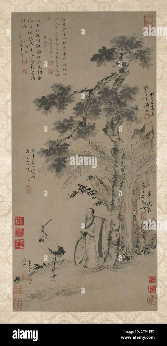 Scholar, Crane und Bananenbaum, 1630, Zhang Fengyi; Künstler: Chen Jiayan; Künstler: Yuan Shangtong; Künstler: Wu Ling; Künstler: Wen Congjian; Künstler: Shao Mi, Chinesisch, 1594 - 1642, 26 1/2 x 12 7/8 Zoll (67,31 x 32,7 cm) (Bild), Tinte und Farbe auf Papier, China, 17. Jahrhundert, die Bedeutung von Literaten-Kreisen wird in dieser gemeinsamen Malerei aus dem 17. Jahrhundert betont. Den Inschriften zufolge wurde die Darstellung eines Gelehrten, Krans und Bananenbaums als Geschenk für den Gelehrten Xizhi von sieben verschiedenen Literaten-Künstlern geschaffen. Fünf Gelehrte haben ein separates Element gemalt, das für Literaten-Werte symbolisiert ist Stockfoto